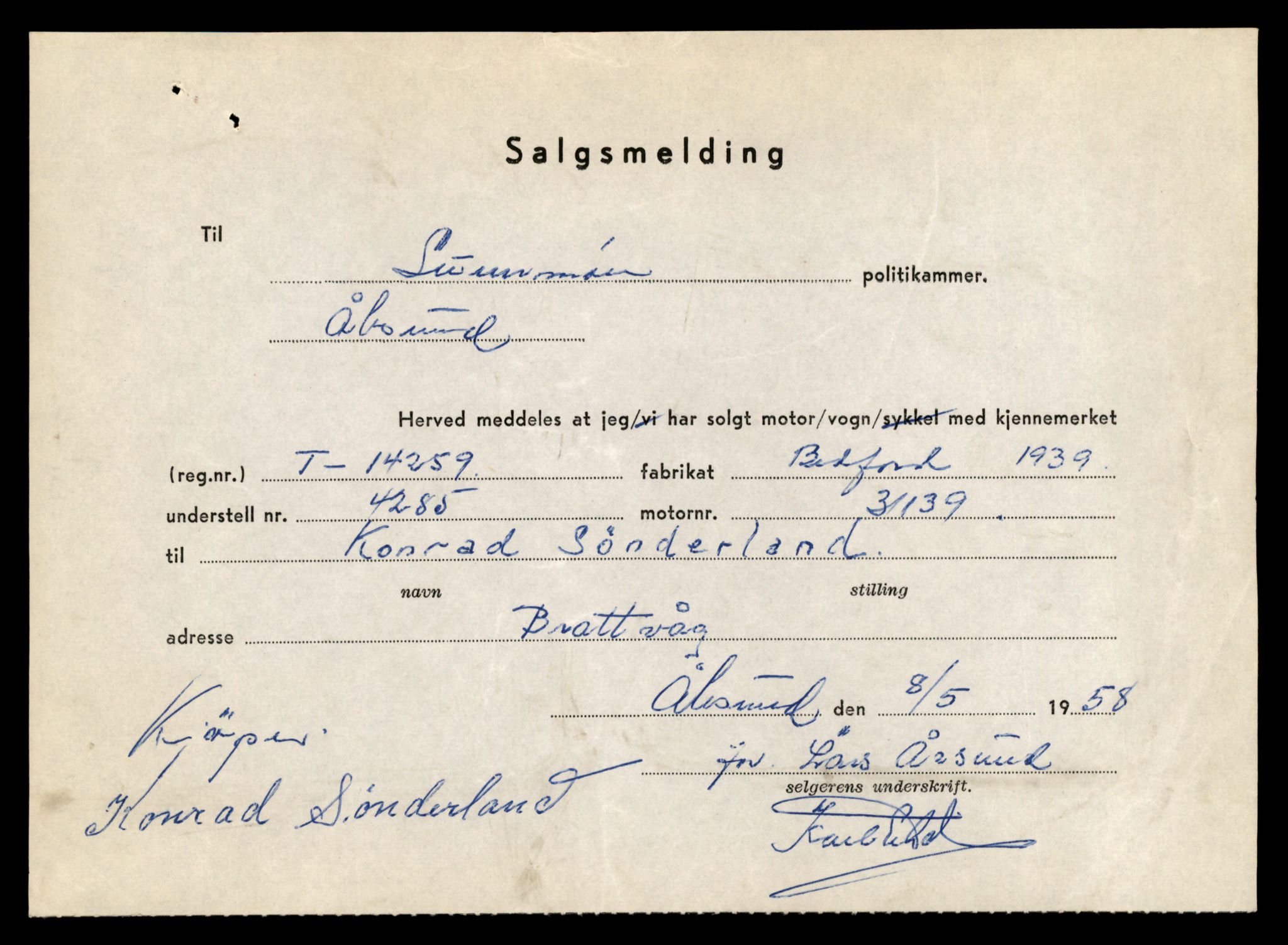 Møre og Romsdal vegkontor - Ålesund trafikkstasjon, AV/SAT-A-4099/F/Fe/L0044: Registreringskort for kjøretøy T 14205 - T 14319, 1927-1998, p. 1630