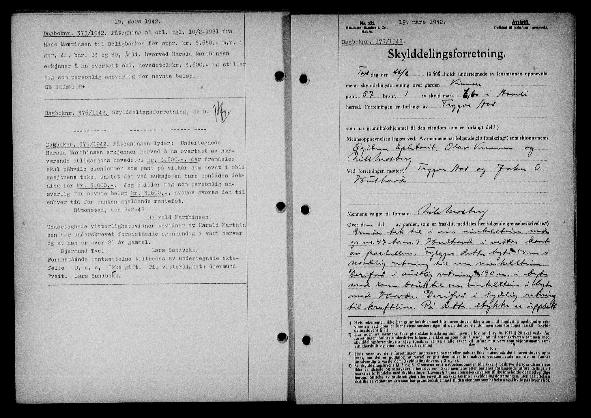 Nedenes sorenskriveri, SAK/1221-0006/G/Gb/Gba/L0049: Mortgage book no. A-III, 1941-1942, Diary no: : 376/1942