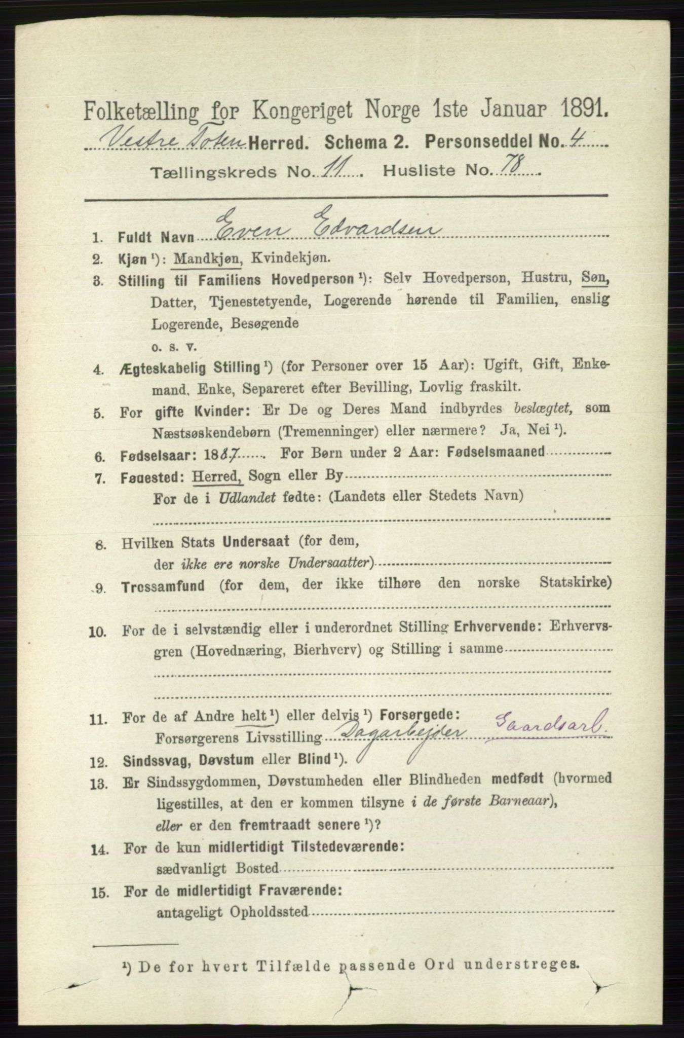 RA, 1891 census for 0529 Vestre Toten, 1891, p. 7183