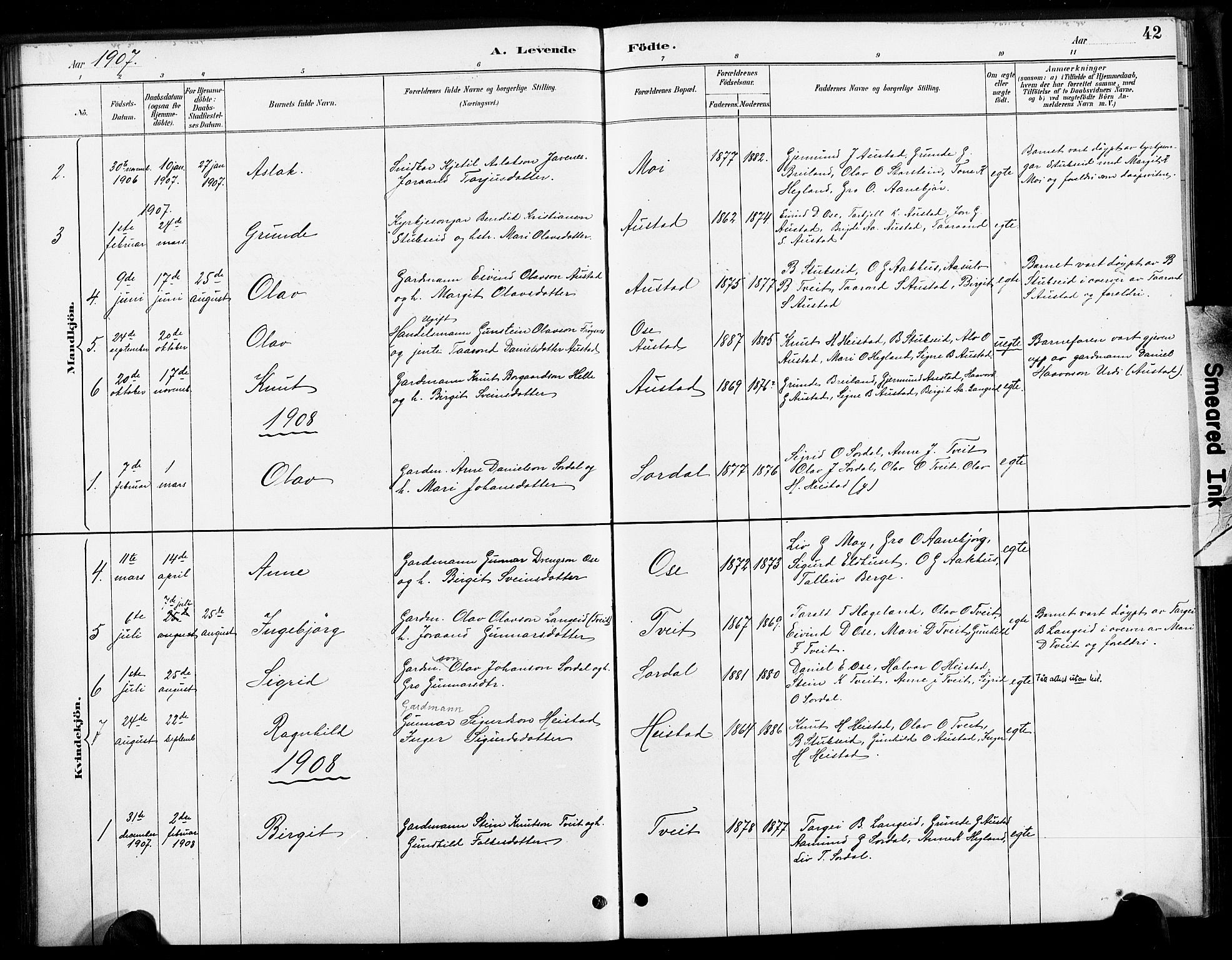 Bygland sokneprestkontor, SAK/1111-0006/F/Fa/Faa/L0001: Parish register (official) no. A 1, 1885-1908, p. 42