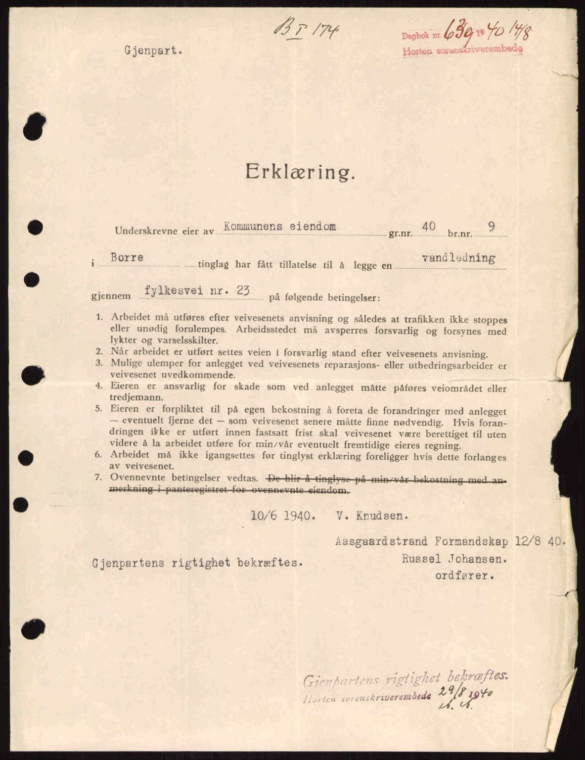 Horten sorenskriveri, AV/SAKO-A-133/G/Ga/Gaa/L0003: Mortgage book no. A-3, 1939-1940, Diary no: : 639/1940