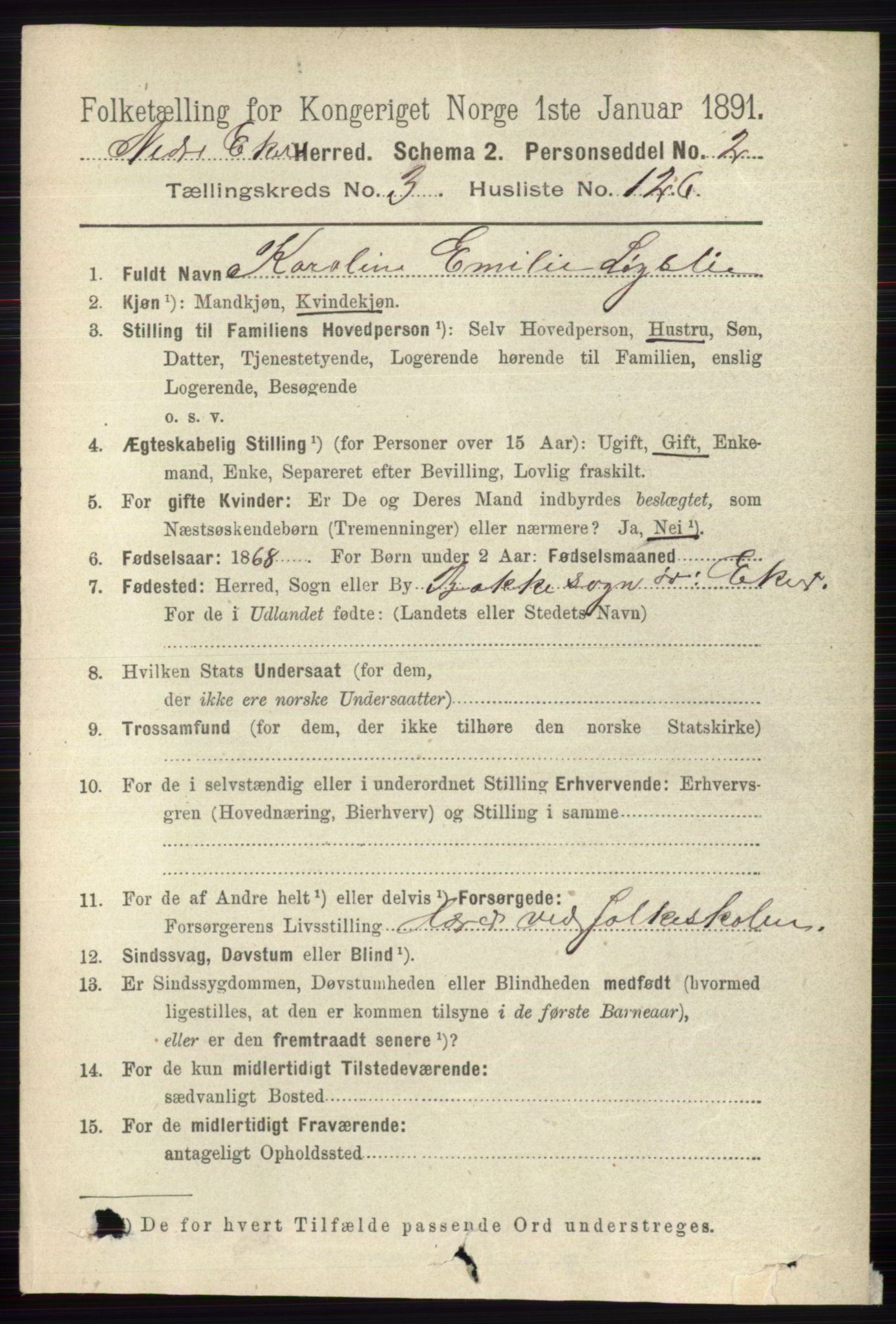 RA, 1891 census for 0625 Nedre Eiker, 1891, p. 1880