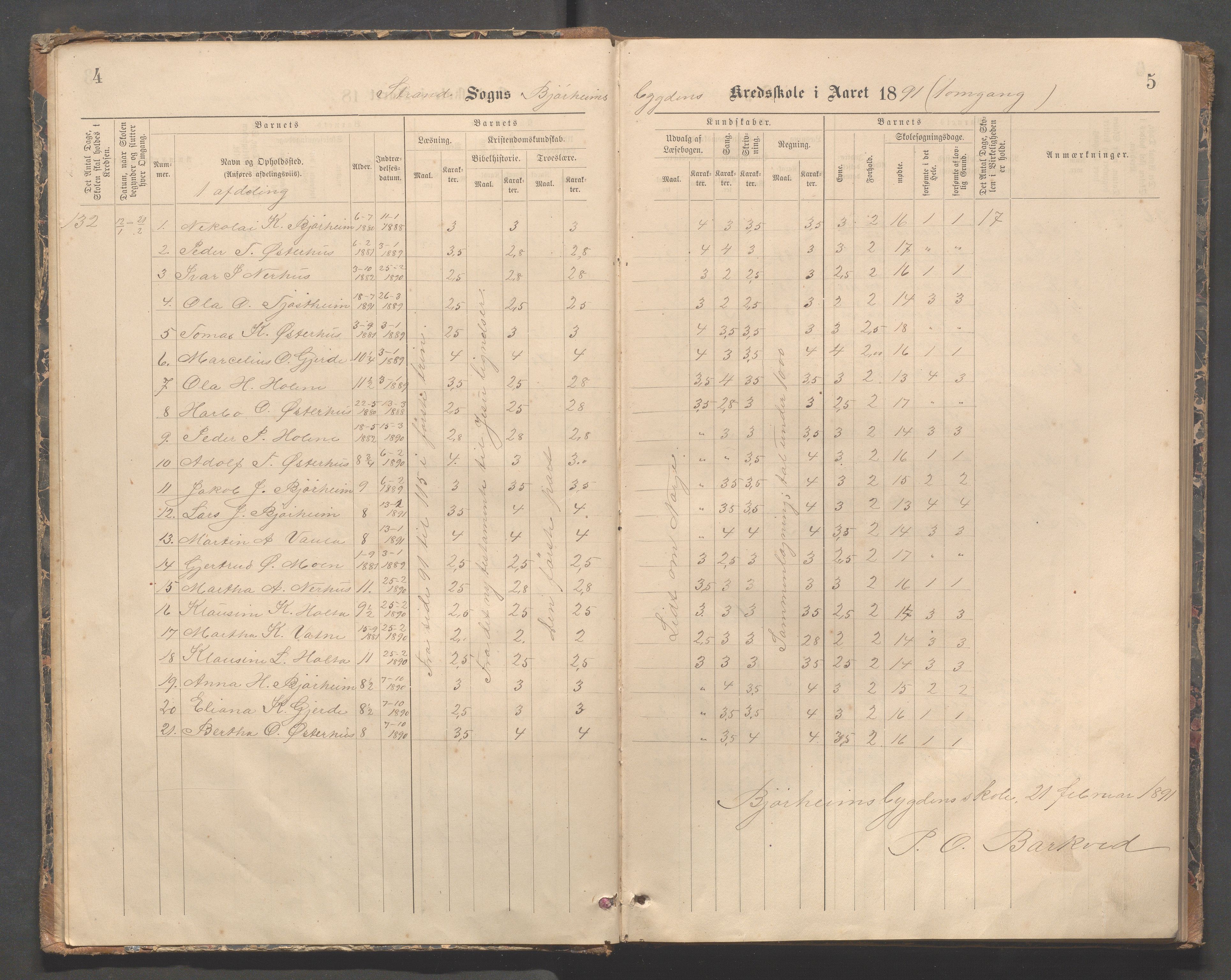 Strand kommune - Bjørheimsbygd skole, IKAR/A-147/H/L0002: Skoleprotokoll for Bjørheimsbygd og Lekvam krets, 1891-1907, p. 4-5