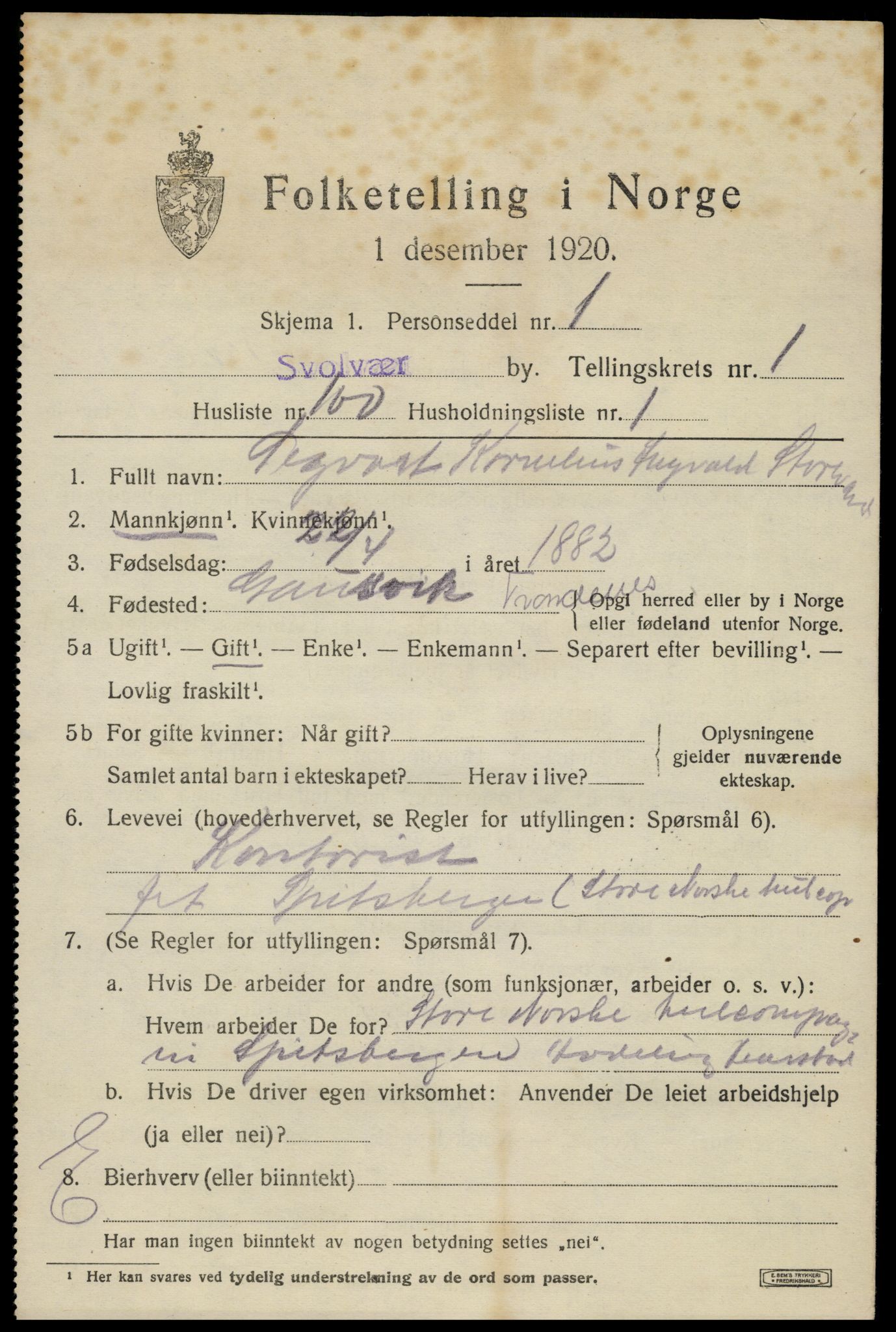 SAT, 1920 census for Svolvær, 1920, p. 3138