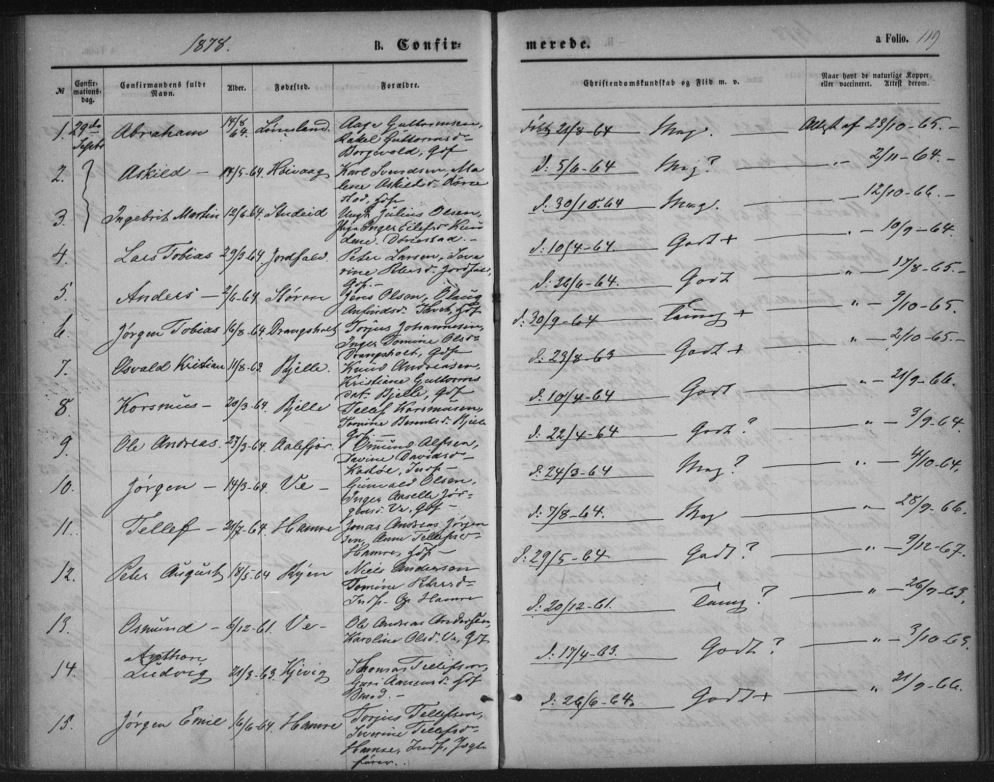 Tveit sokneprestkontor, SAK/1111-0043/F/Fa/L0006: Parish register (official) no. A 6, 1872-1886, p. 119