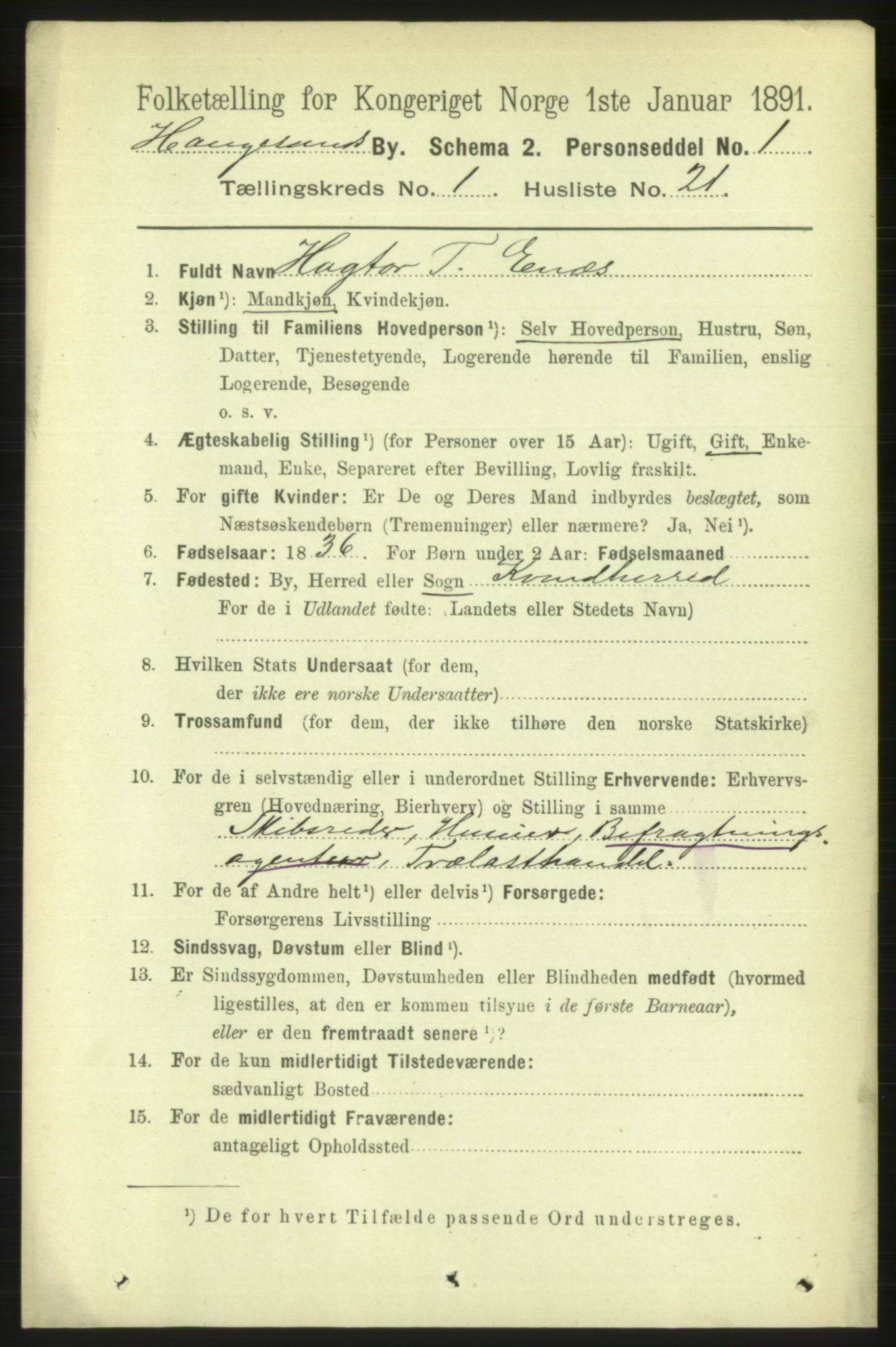 RA, 1891 census for 1106 Haugesund, 1891, p. 1018