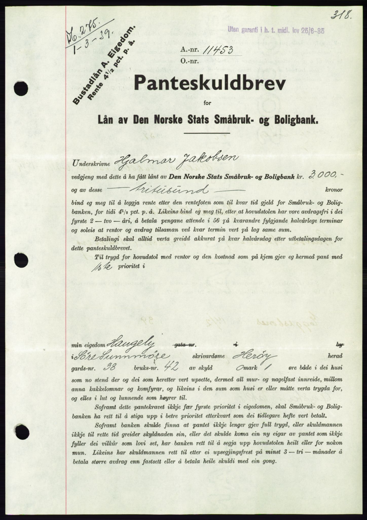 Søre Sunnmøre sorenskriveri, AV/SAT-A-4122/1/2/2C/L0067: Mortgage book no. 61, 1938-1939, Diary no: : 275/1939