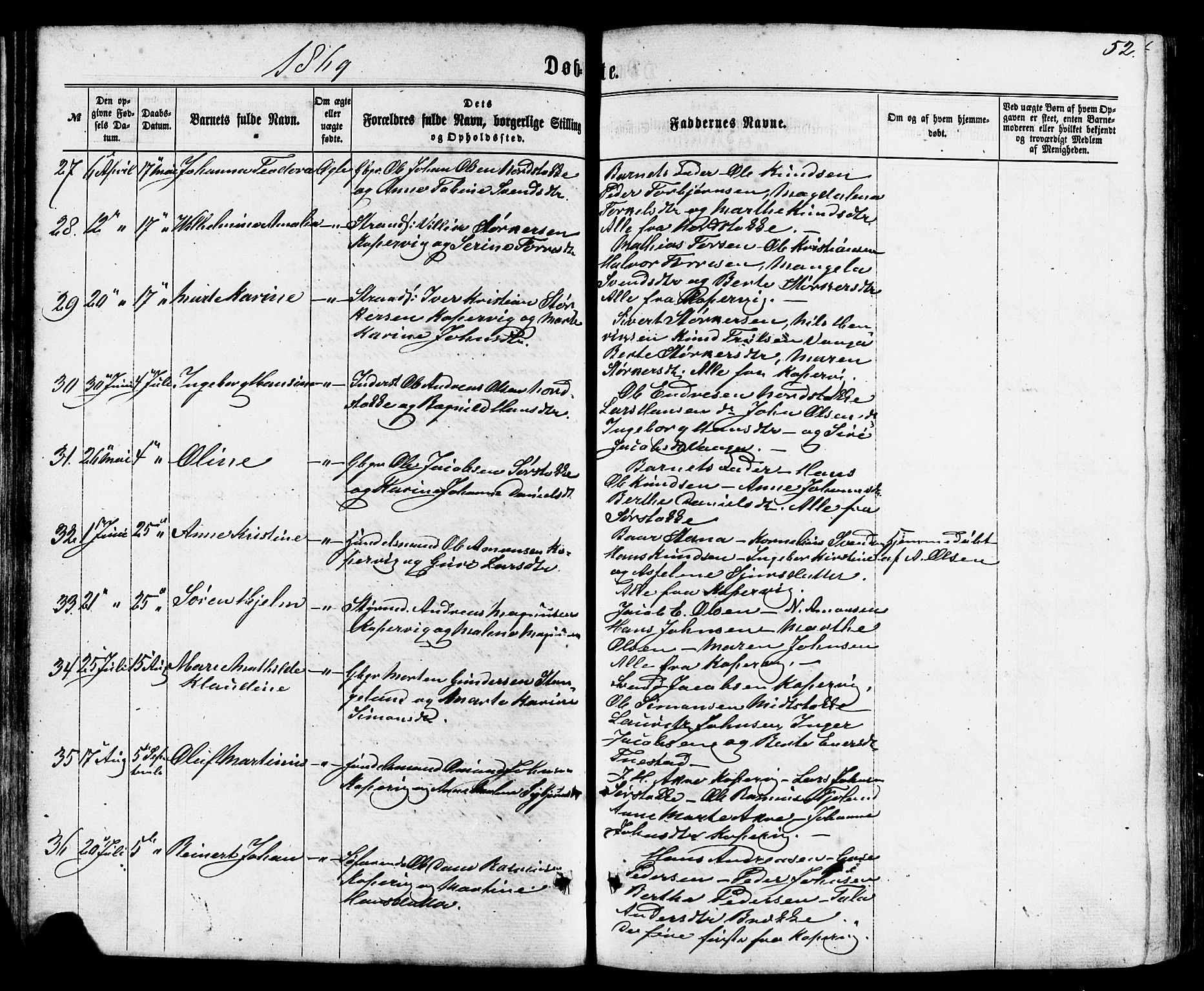 Avaldsnes sokneprestkontor, AV/SAST-A -101851/H/Ha/Haa/L0011: Parish register (official) no. A 11, 1861-1880, p. 52