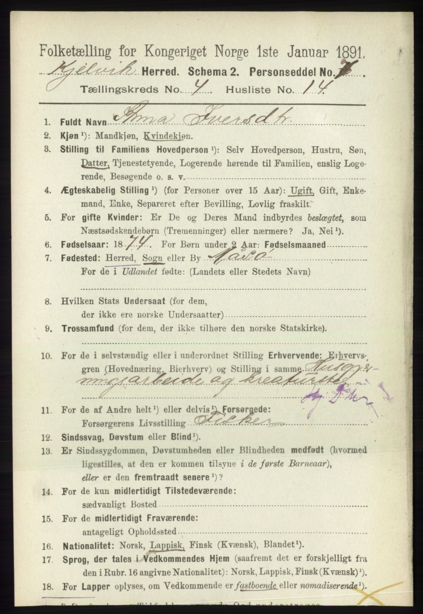RA, 1891 census for 2019 Kjelvik, 1891, p. 516