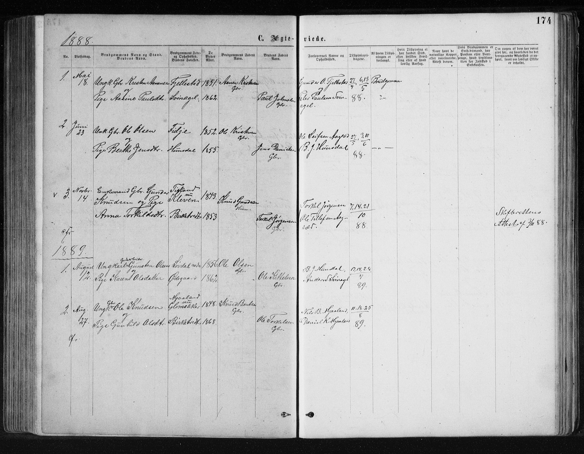 Holum sokneprestkontor, SAK/1111-0022/F/Fb/Fbb/L0003: Parish register (copy) no. B 3, 1875-1898, p. 174