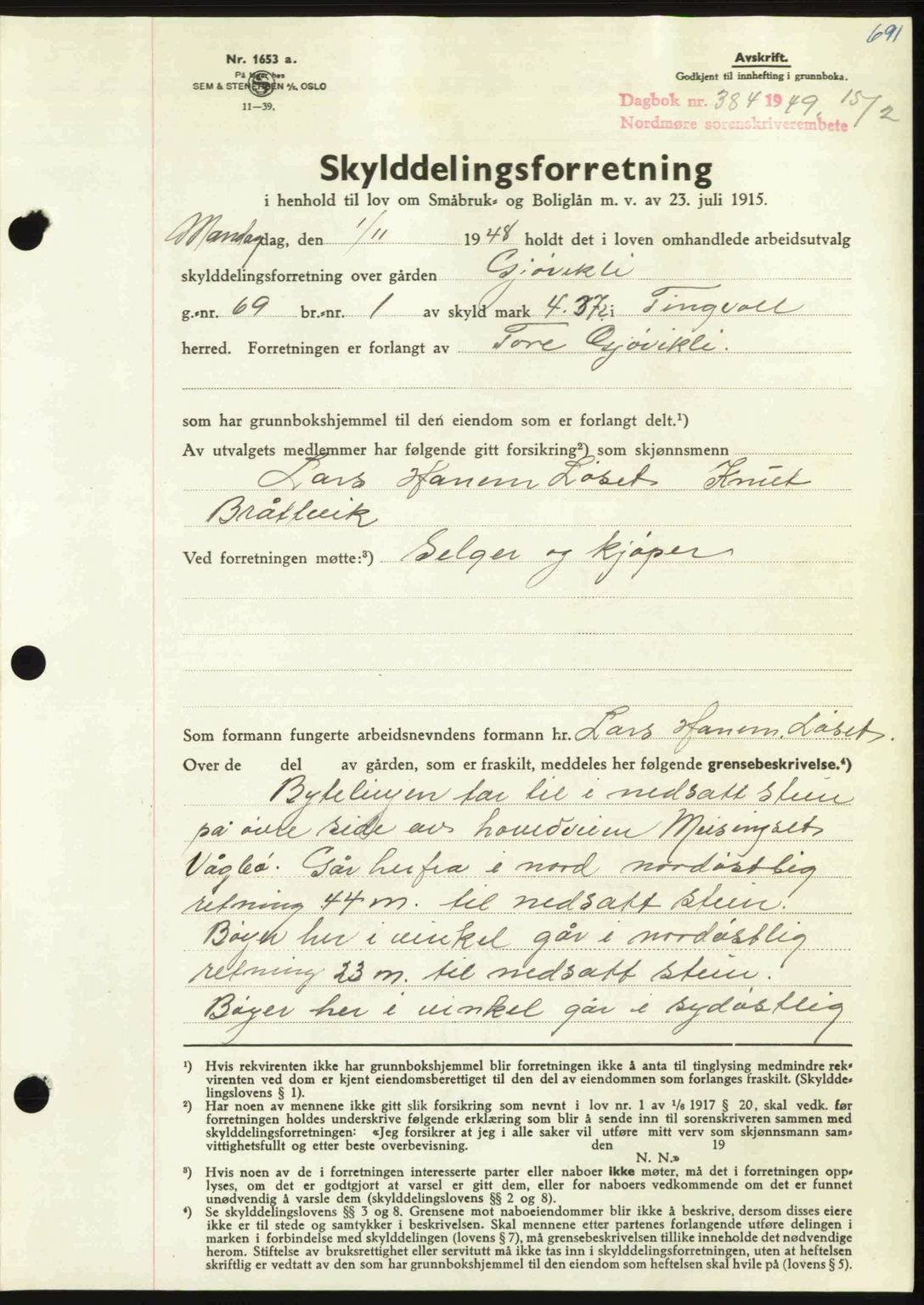 Nordmøre sorenskriveri, AV/SAT-A-4132/1/2/2Ca: Mortgage book no. A110, 1948-1949, Diary no: : 384/1949