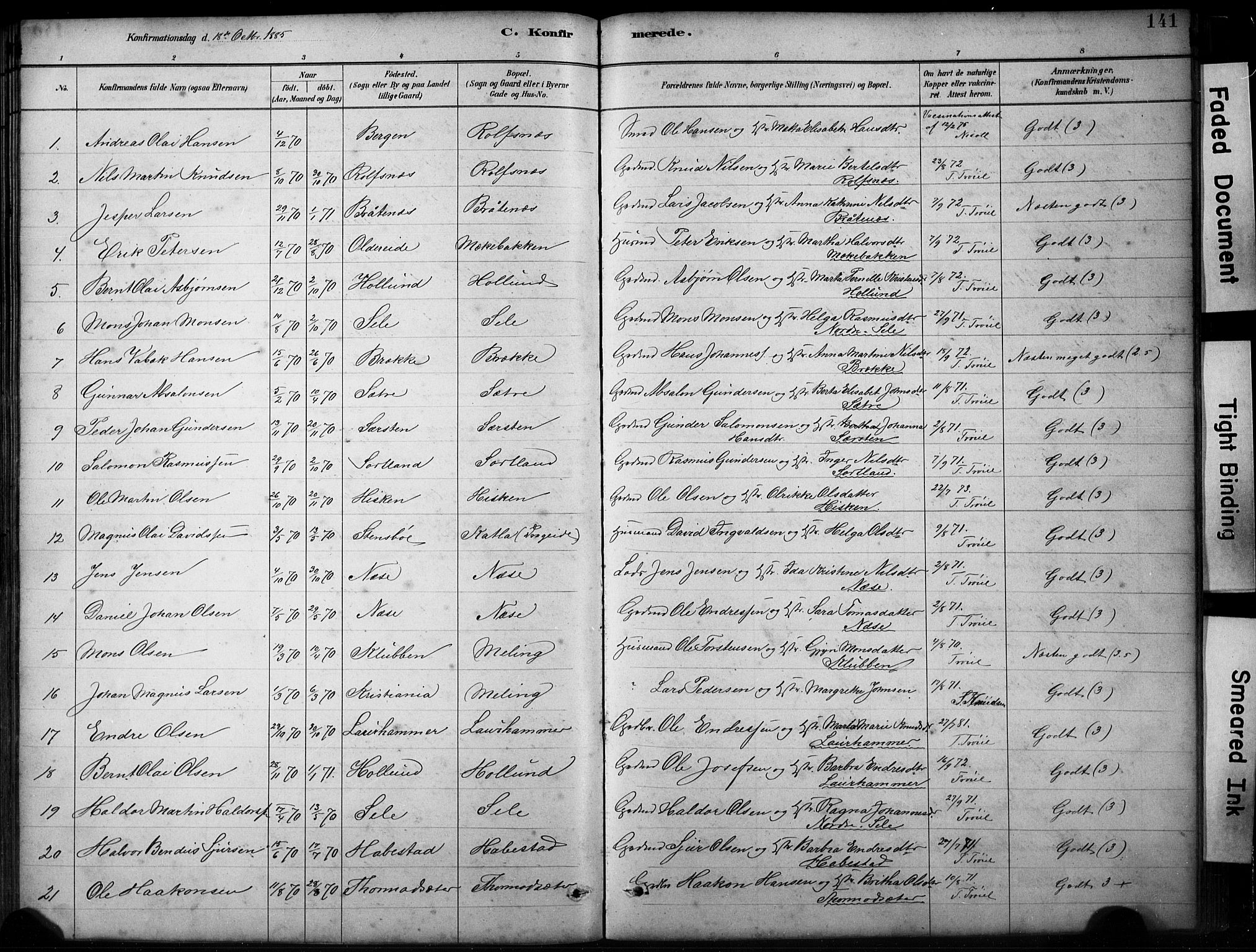 Finnås sokneprestembete, SAB/A-99925/H/Ha/Hab/Habb/L0003: Parish register (copy) no. B 3, 1882-1897, p. 141