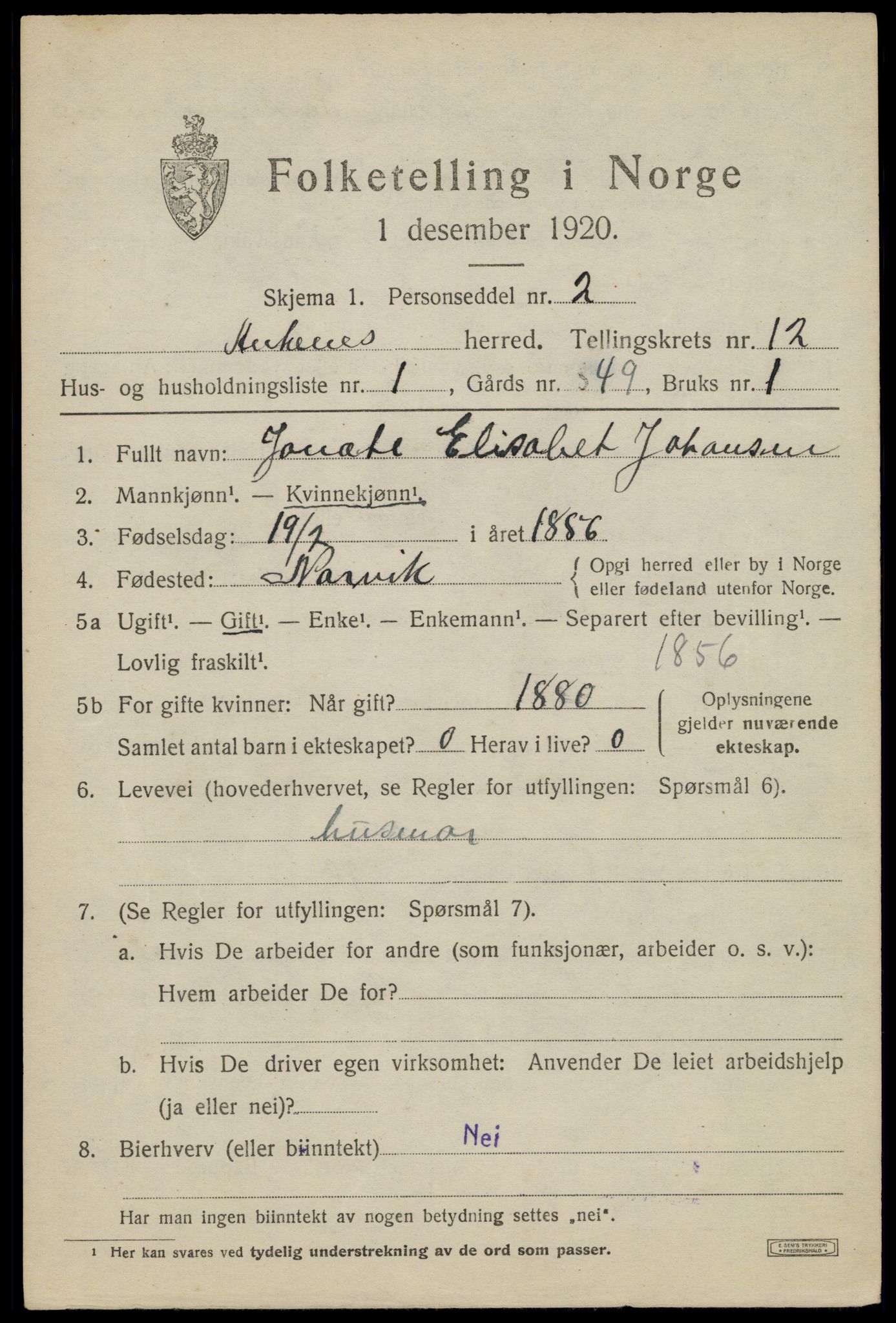 SAT, 1920 census for Ankenes, 1920, p. 6369