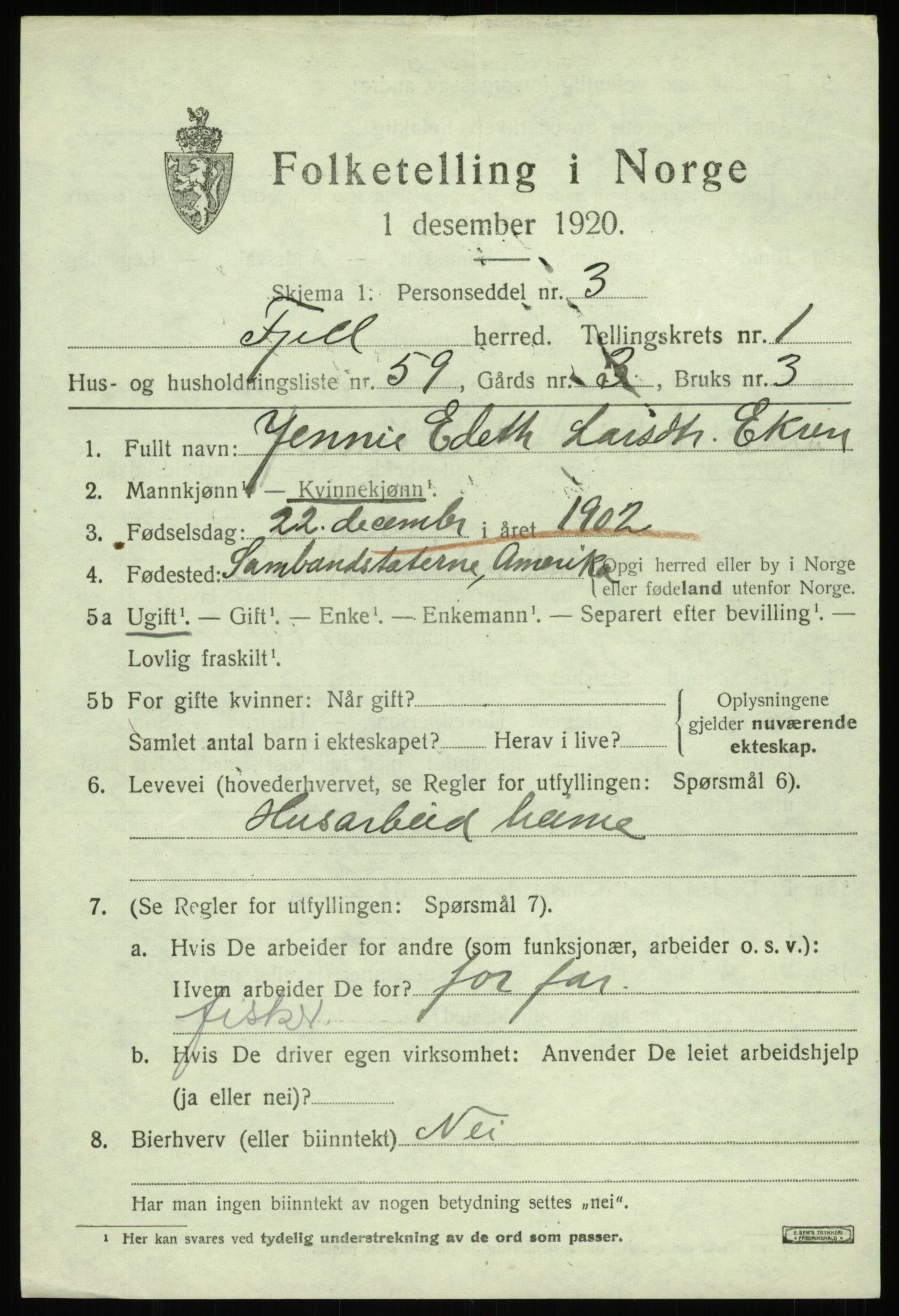 SAB, 1920 census for Fjell, 1920, p. 2238