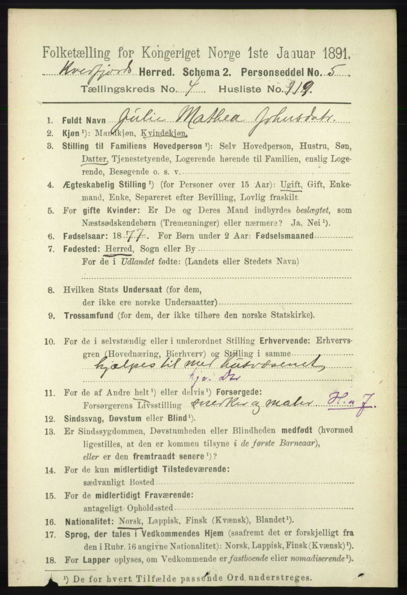 RA, 1891 census for 1911 Kvæfjord, 1891, p. 2656