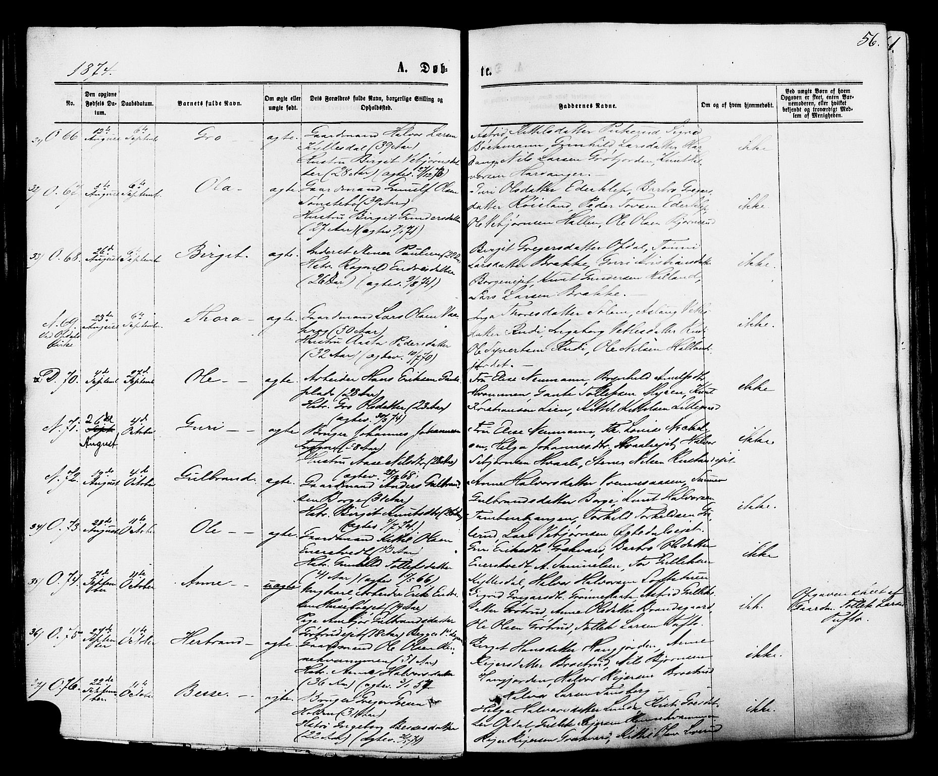 Nore kirkebøker, AV/SAKO-A-238/F/Fa/L0004: Parish register (official) no. I 4, 1867-1877, p. 56