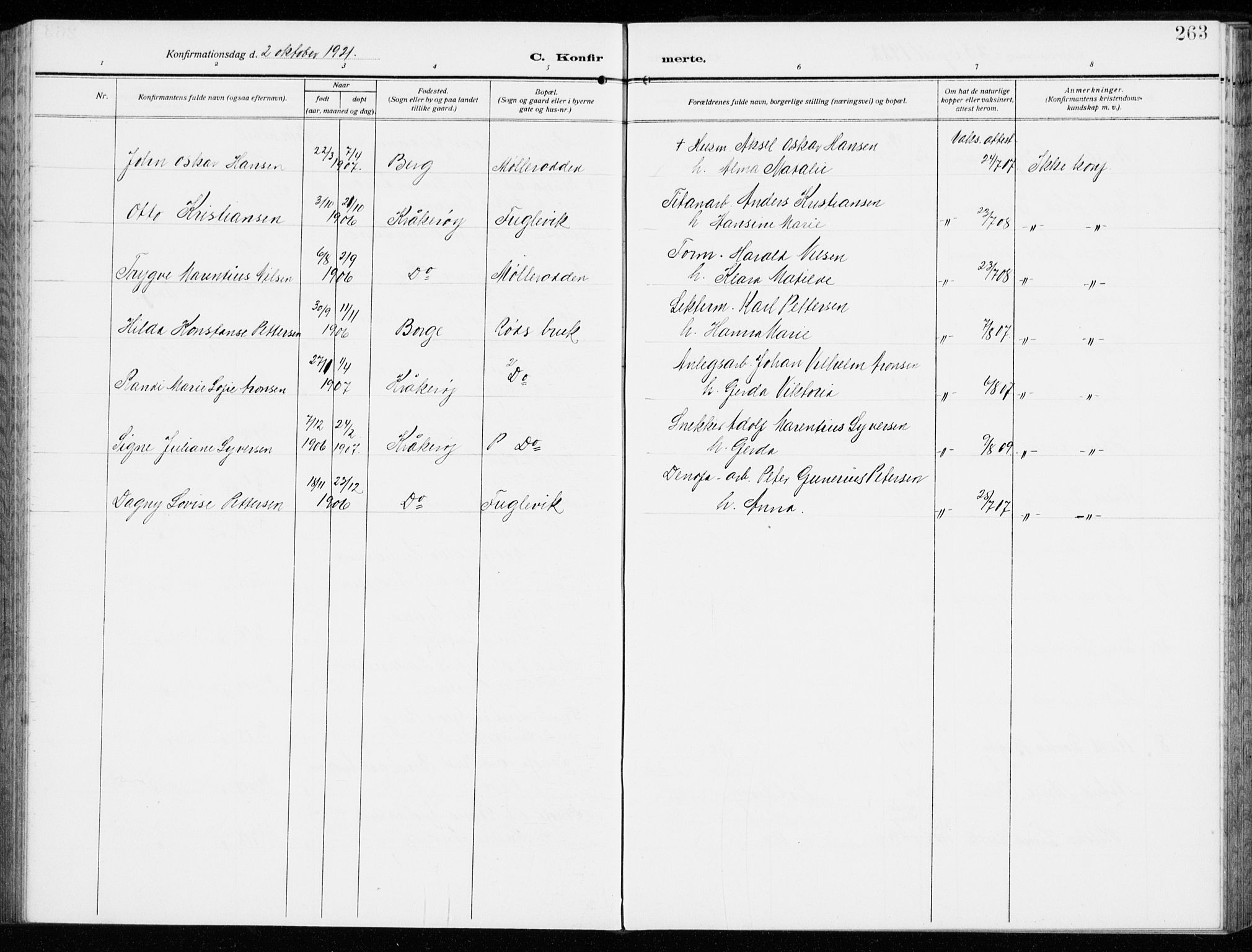 Kråkerøy prestekontor Kirkebøker, AV/SAO-A-10912/G/Ga/L0001: Parish register (copy) no. 1, 1908-1944, p. 263