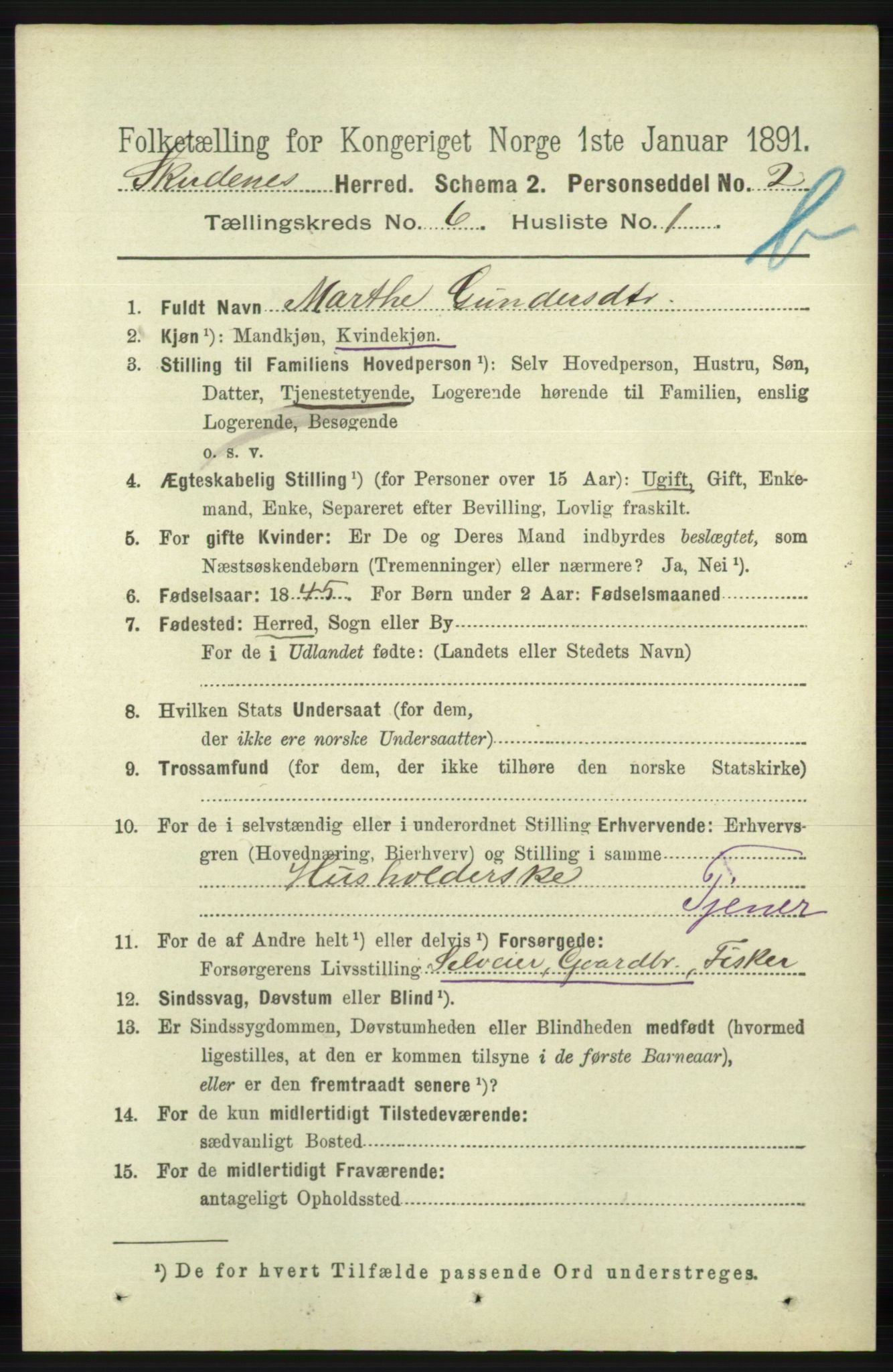 RA, 1891 census for 1150 Skudenes, 1891, p. 5593