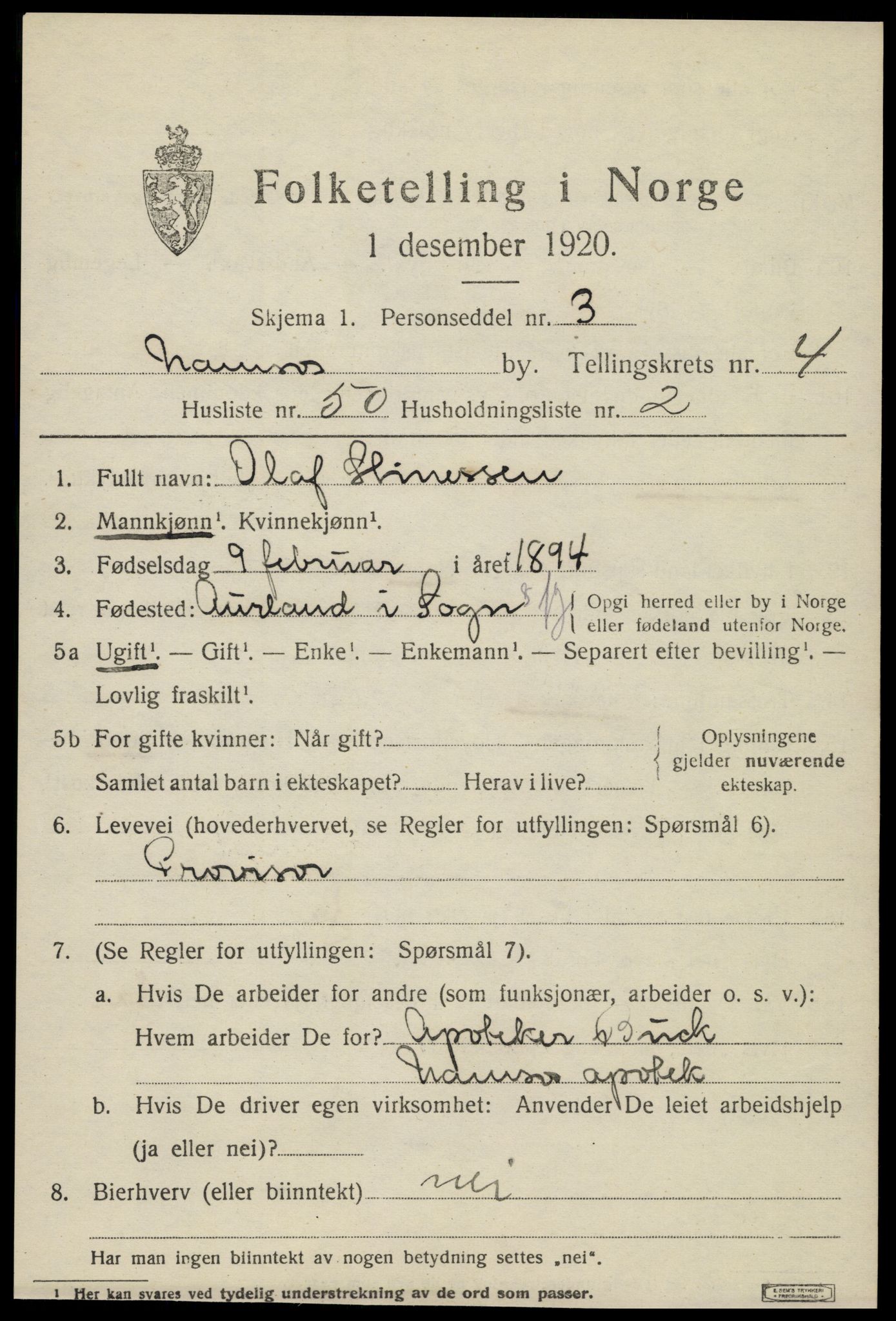 SAT, 1920 census for Namsos, 1920, p. 5631