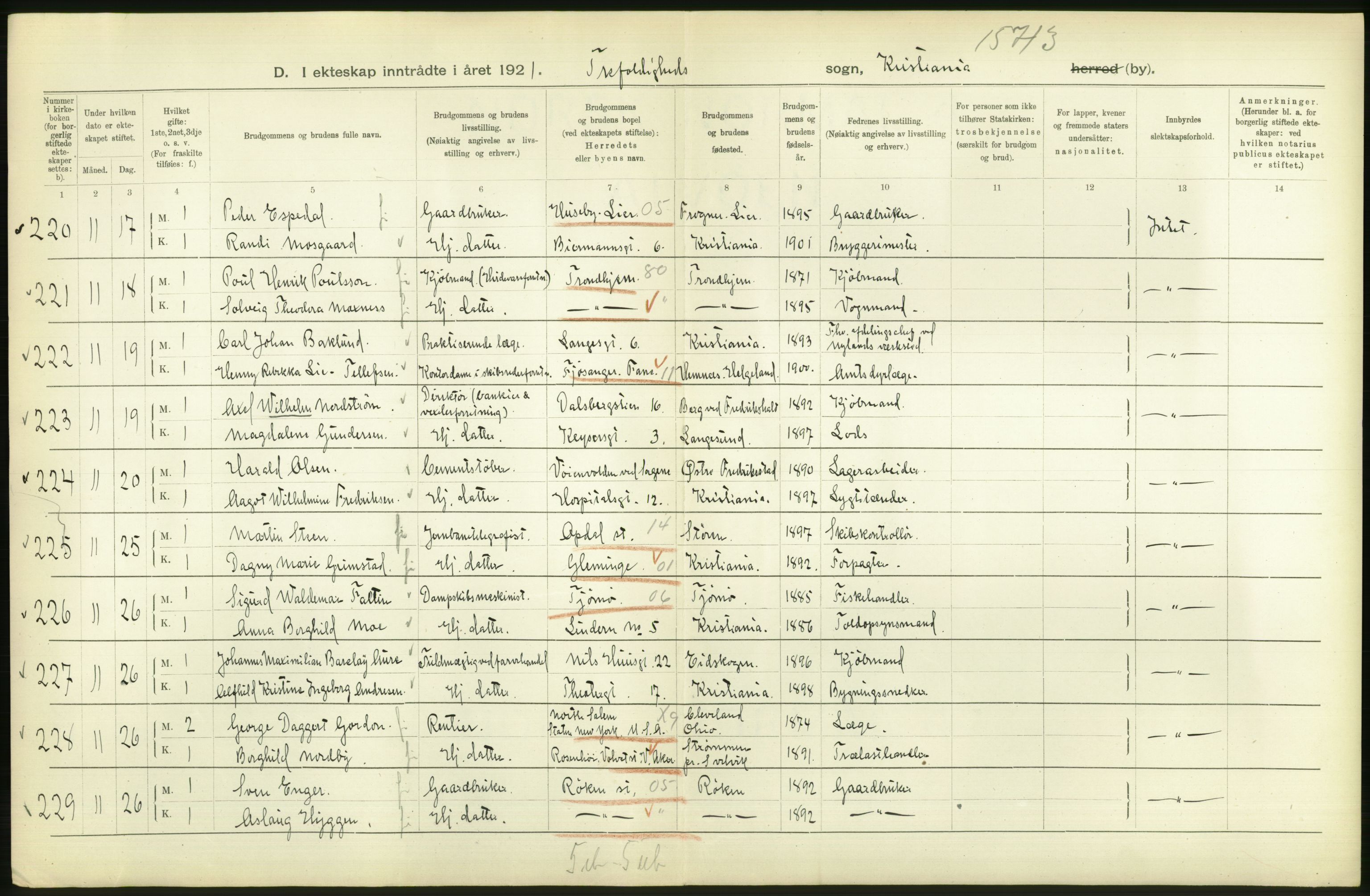 Statistisk sentralbyrå, Sosiodemografiske emner, Befolkning, AV/RA-S-2228/D/Df/Dfc/Dfca/L0011: Kristiania: Gifte, 1921, p. 54