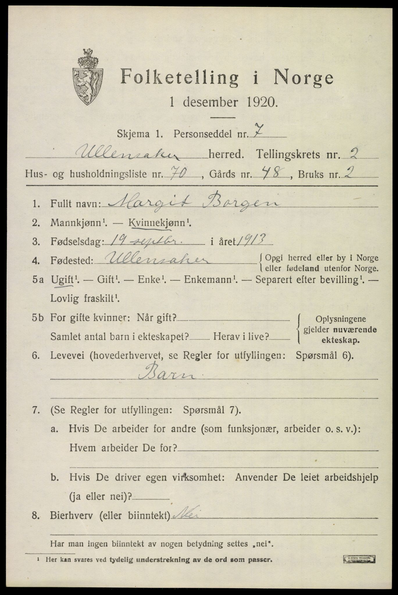 SAO, 1920 census for Ullensaker, 1920, p. 5515