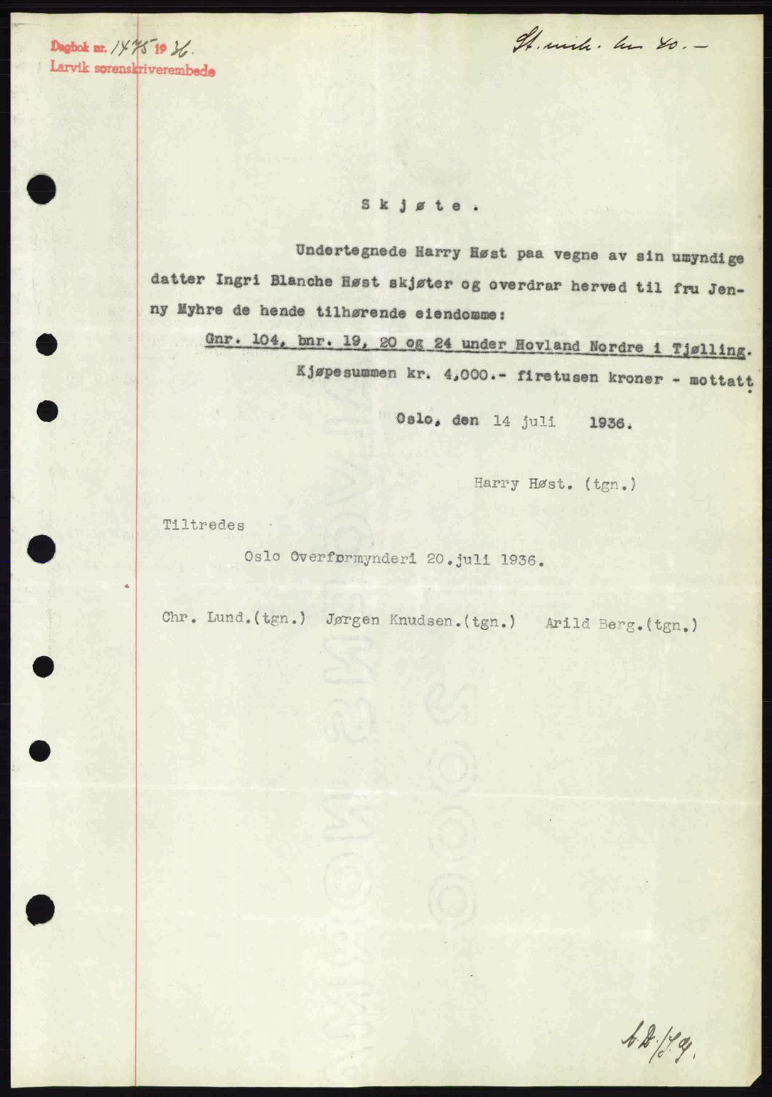 Larvik sorenskriveri, SAKO/A-83/G/Ga/Gab/L0067: Mortgage book no. A-1, 1936-1937, Diary no: : 1475/1936