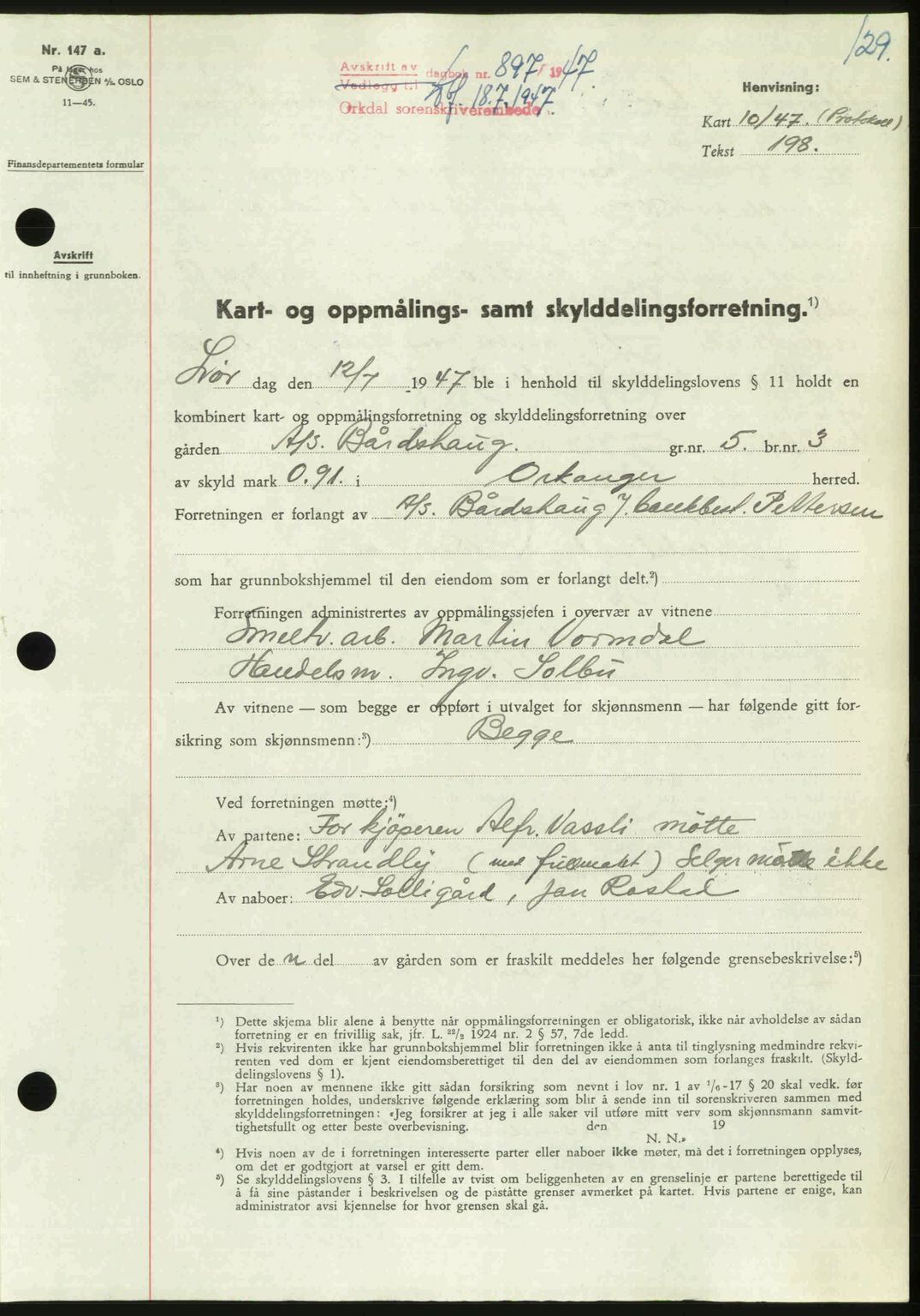 Orkdal sorenskriveri, AV/SAT-A-4169/1/2/2C: Mortgage book no. A, 1947-1947, Diary no: : 897/1947