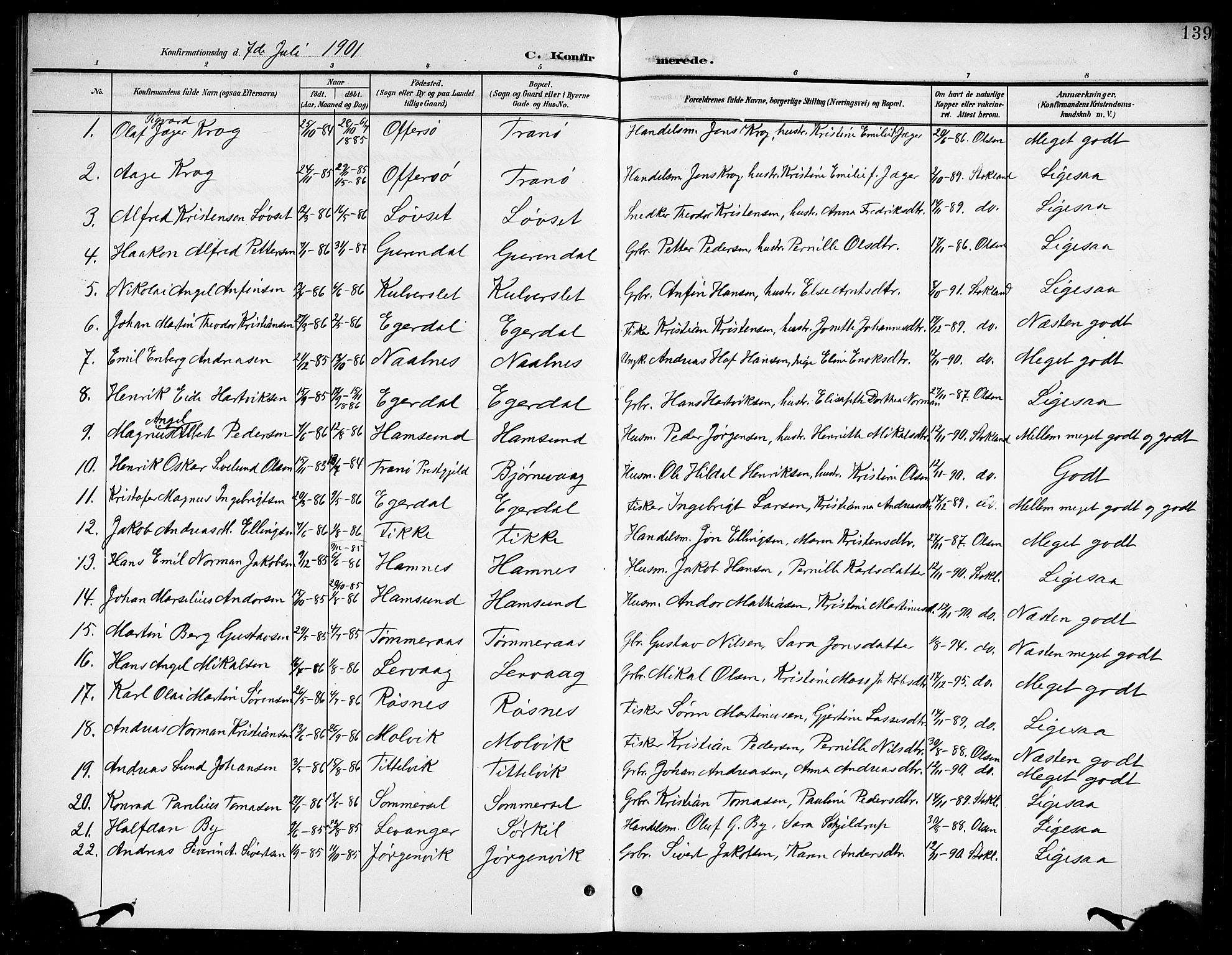 Ministerialprotokoller, klokkerbøker og fødselsregistre - Nordland, SAT/A-1459/859/L0860: Parish register (copy) no. 859C06, 1899-1909, p. 139