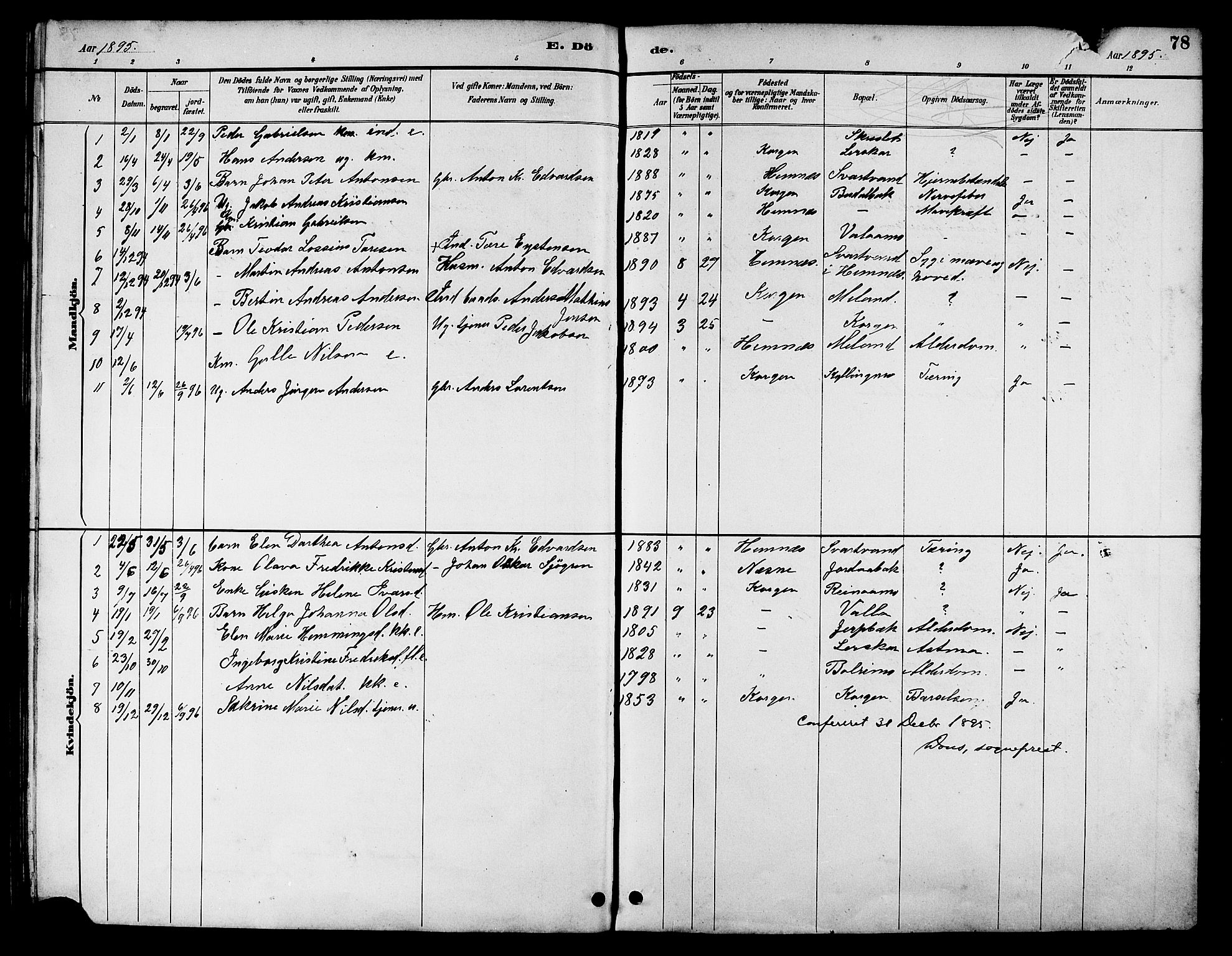 Ministerialprotokoller, klokkerbøker og fødselsregistre - Nordland, AV/SAT-A-1459/826/L0383: Parish register (copy) no. 826C03, 1887-1896, p. 78