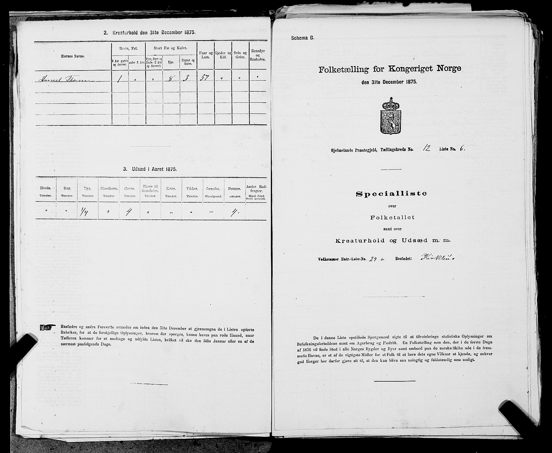 SAST, 1875 census for 1133P Hjelmeland, 1875, p. 1392