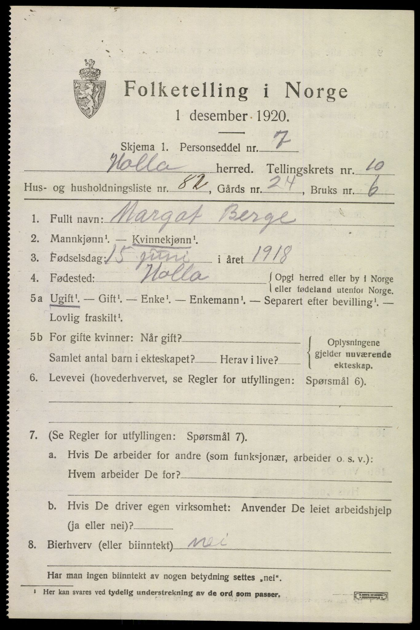 SAKO, 1920 census for Holla, 1920, p. 7115