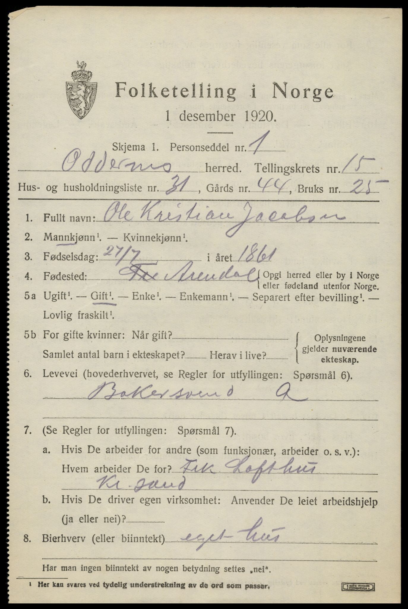 SAK, 1920 census for Oddernes, 1920, p. 10331