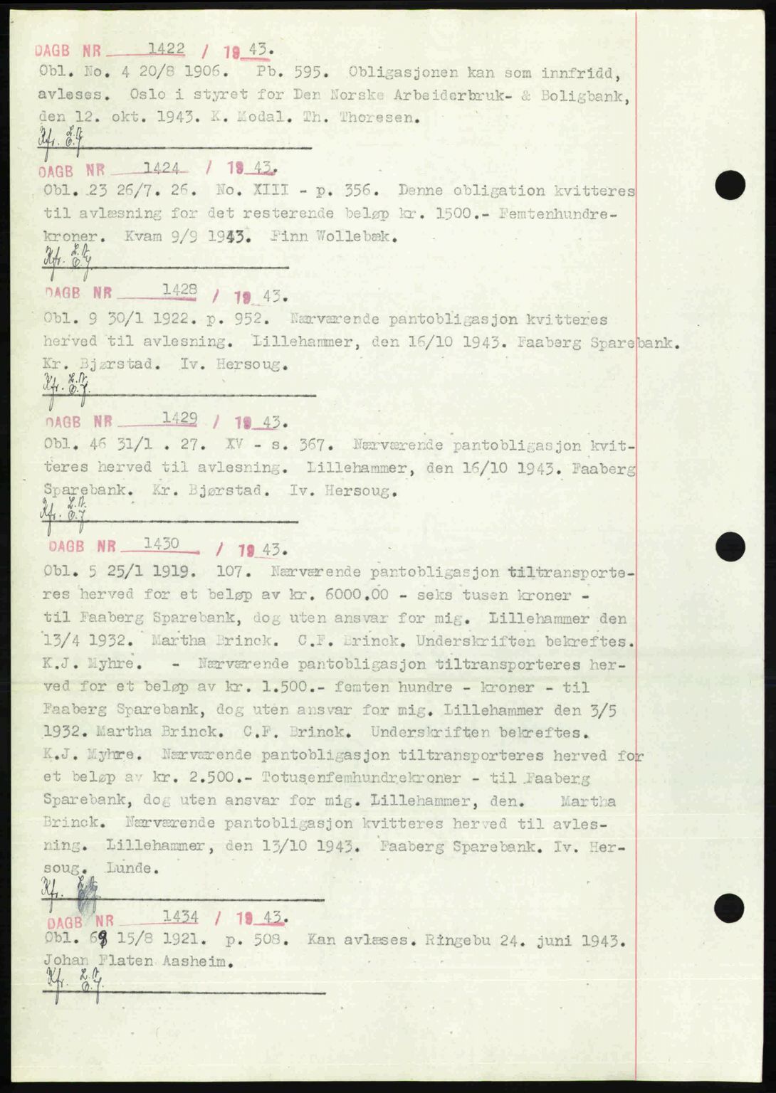 Sør-Gudbrandsdal tingrett, SAH/TING-004/H/Hb/Hbf/L0002: Mortgage book no. C1, 1938-1951, Diary no: : 1422/1943