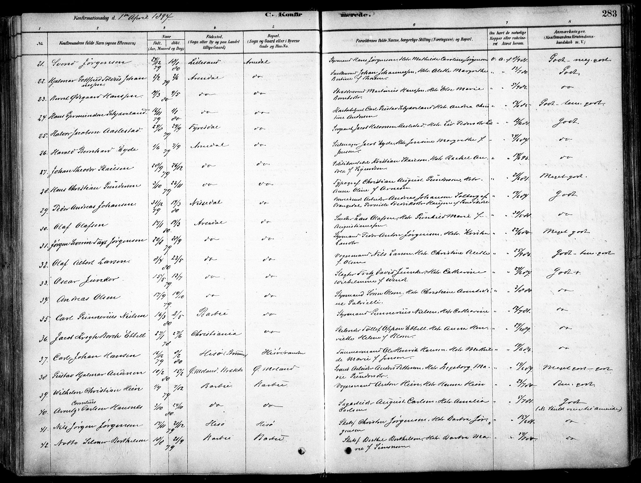 Arendal sokneprestkontor, Trefoldighet, AV/SAK-1111-0040/F/Fa/L0008: Parish register (official) no. A 8, 1878-1899, p. 283