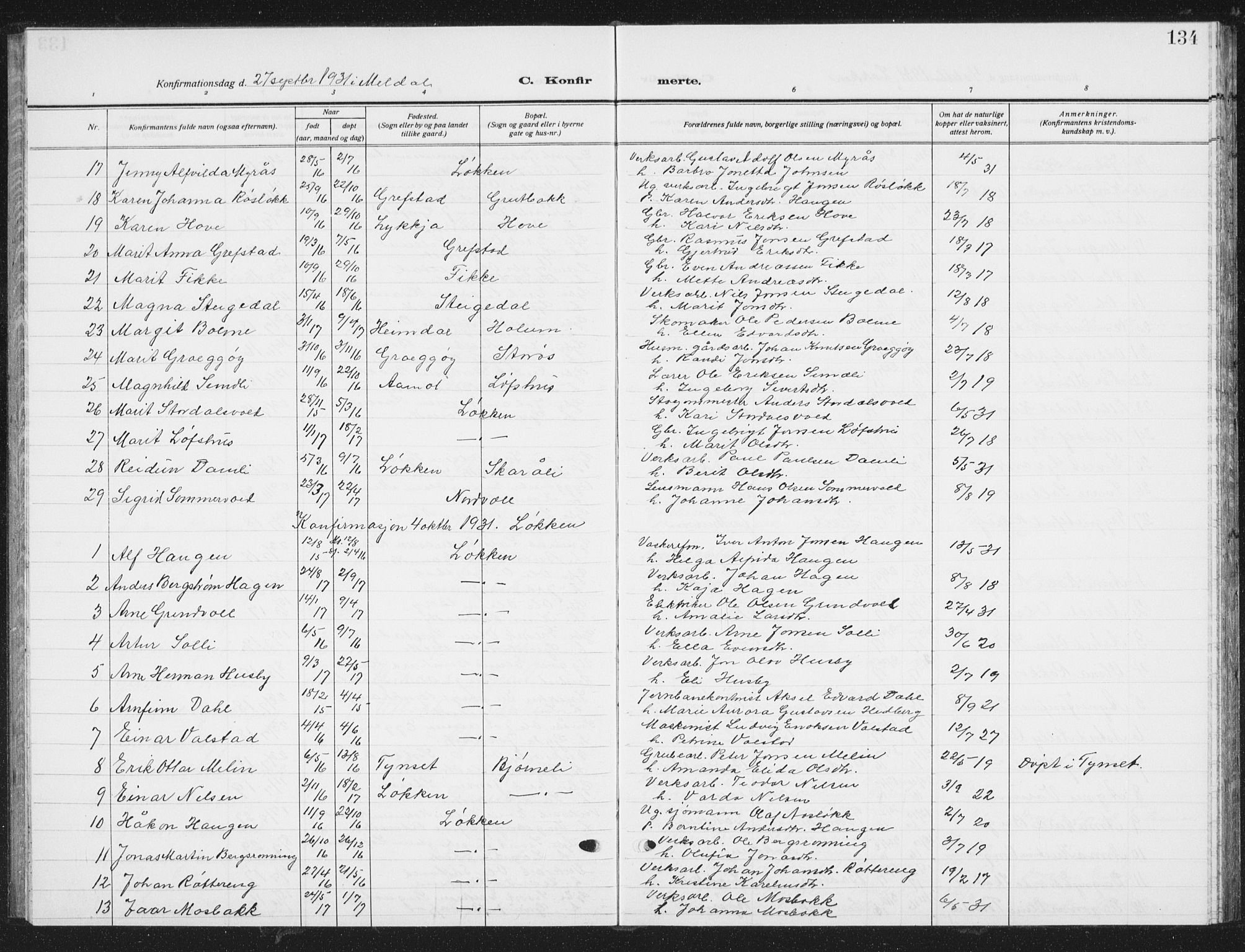 Ministerialprotokoller, klokkerbøker og fødselsregistre - Sør-Trøndelag, AV/SAT-A-1456/672/L0866: Parish register (copy) no. 672C05, 1929-1939, p. 134