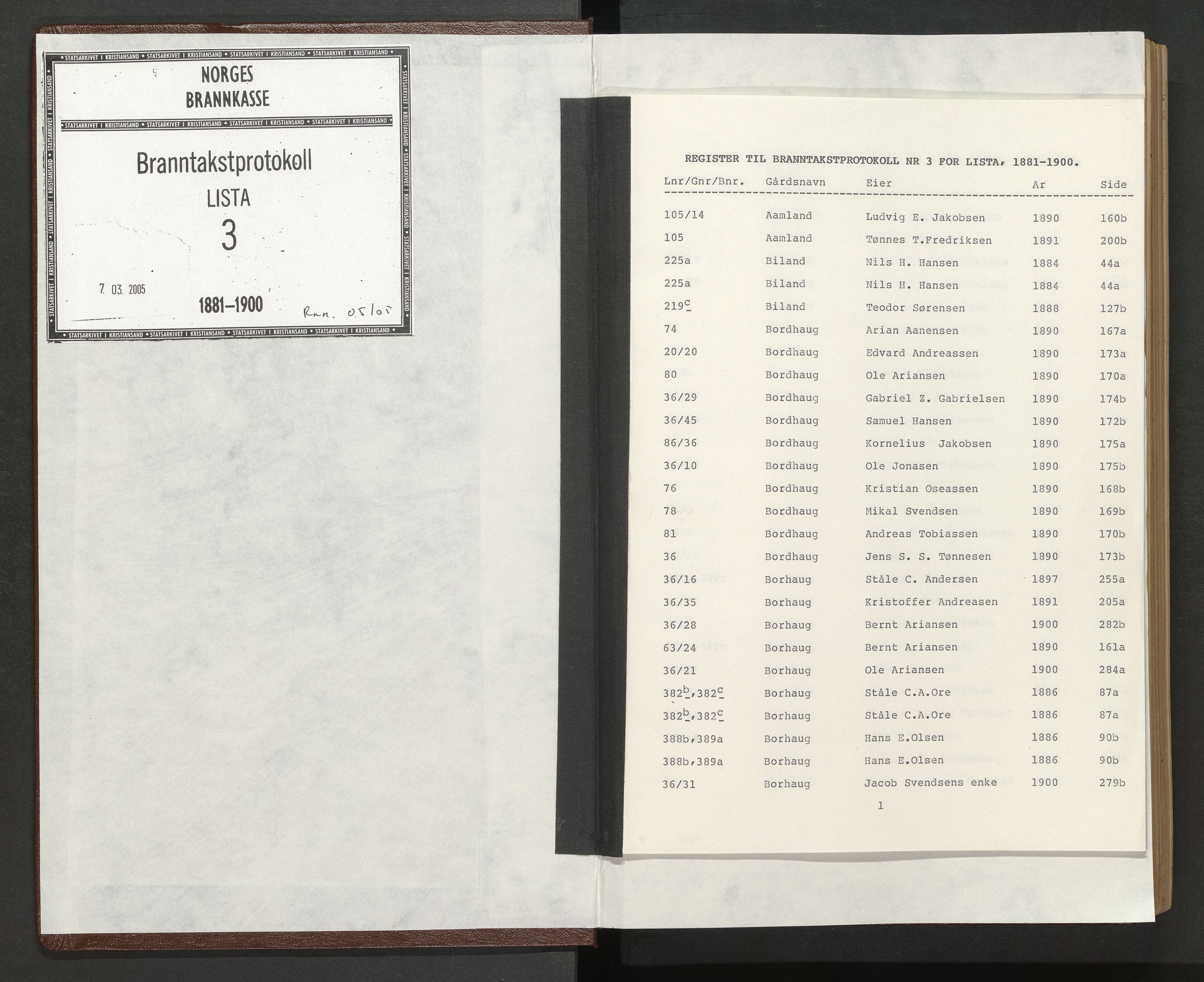 Norges Brannkasse Lista, AV/SAK-2241-0035/F/Fa/L0003: Branntakstprotokoll nr. 3 med gårdsnavnregister, 1881-1900