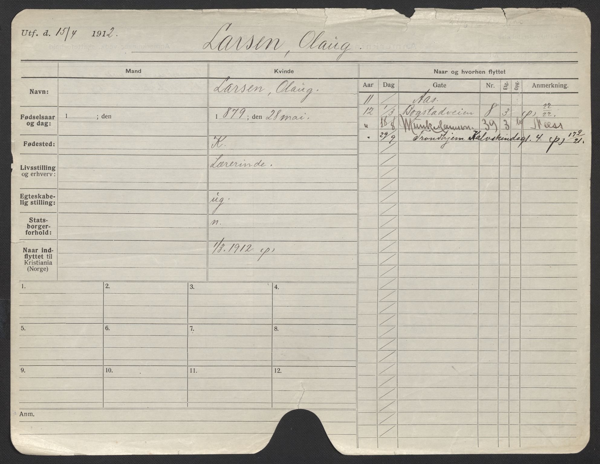 Oslo folkeregister, Registerkort, AV/SAO-A-11715/F/Fa/Fac/L0019: Kvinner, 1906-1914, p. 1102a