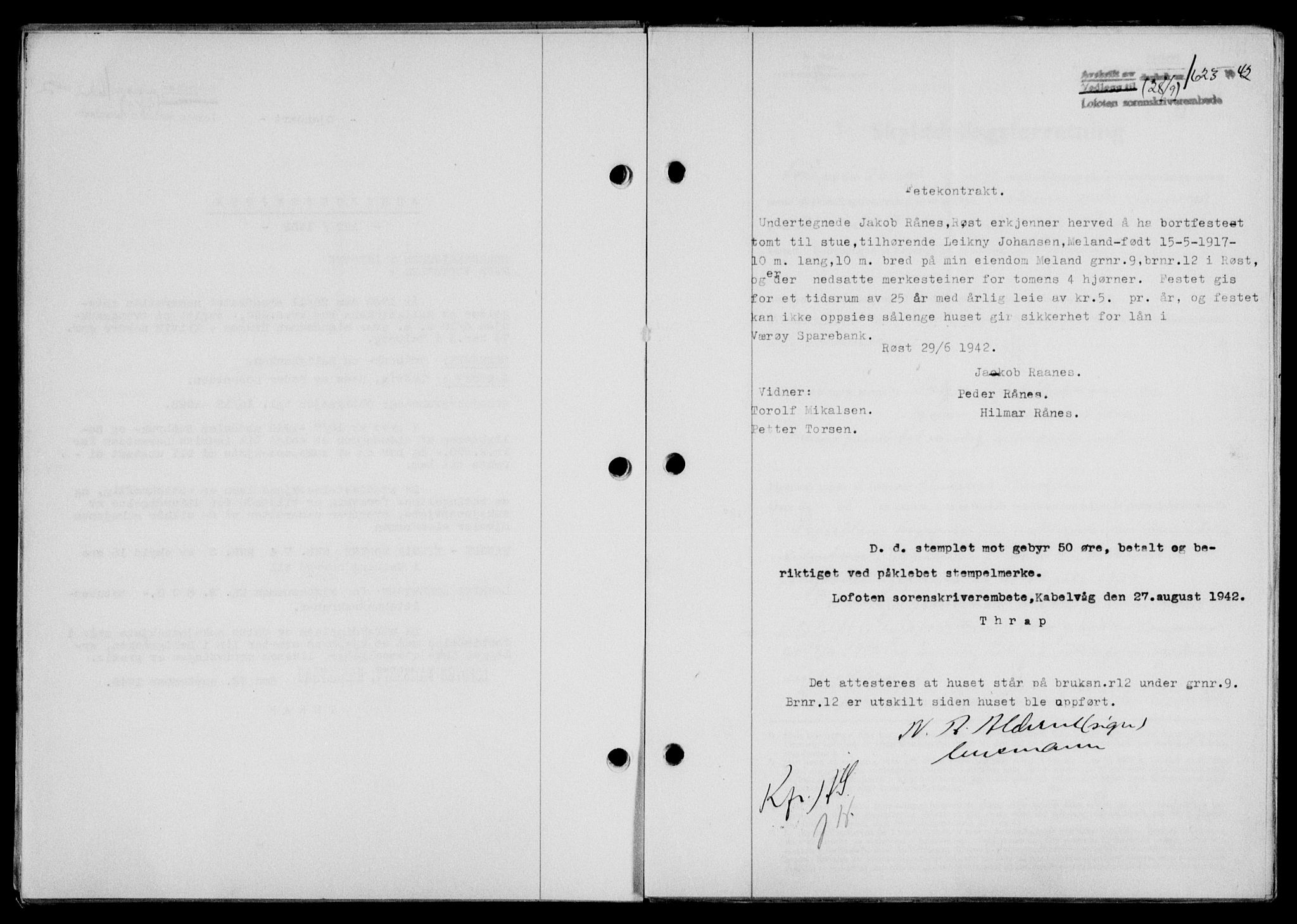 Lofoten sorenskriveri, SAT/A-0017/1/2/2C/L0010a: Mortgage book no. 10a, 1942-1943, Diary no: : 1623/1942