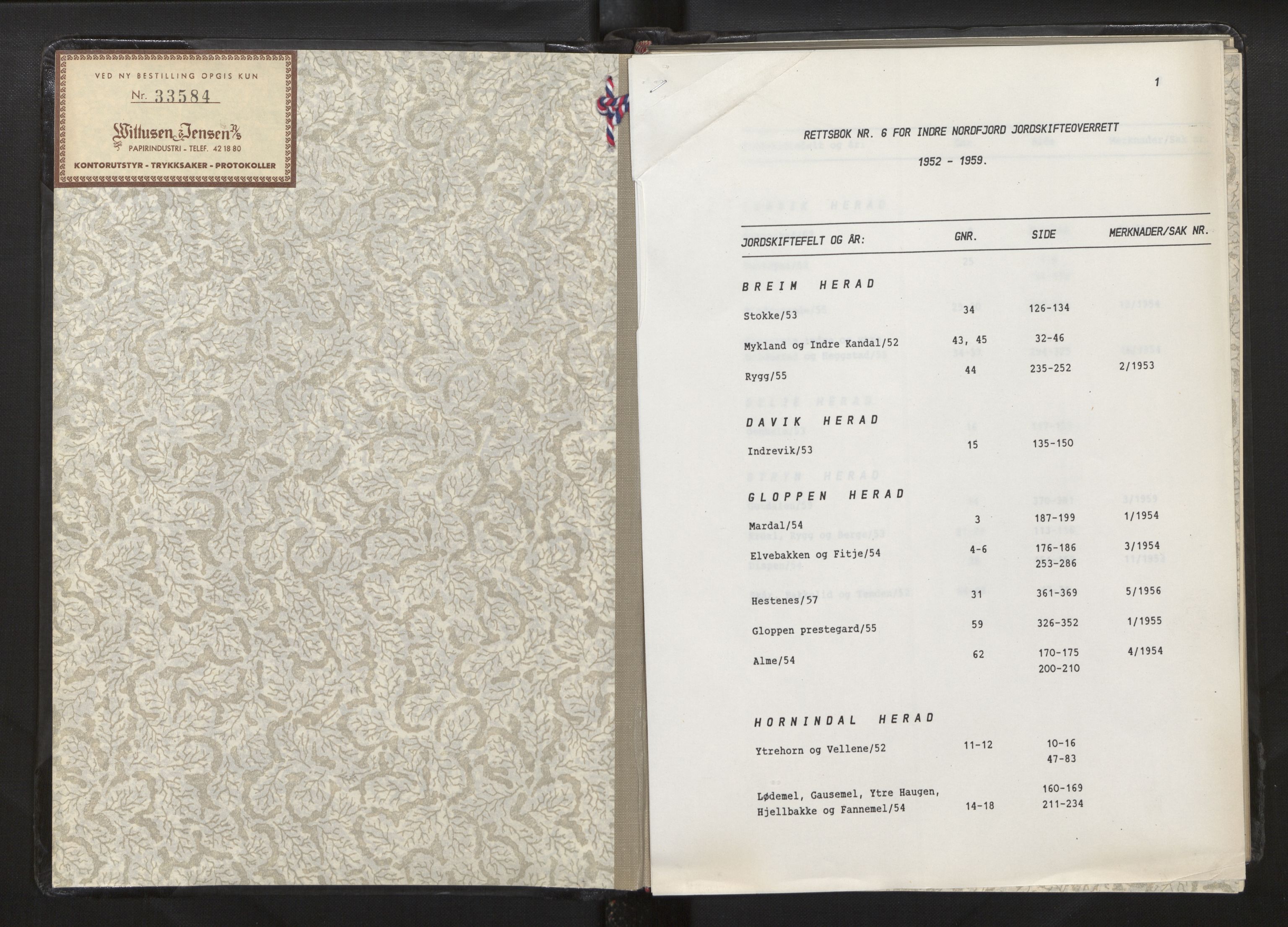 Overdommaren i Sogn og Fjordane jordskiftedøme, AV/SAB-A-5701/A/L0006: Overrettsprotokoll, 1952-1959