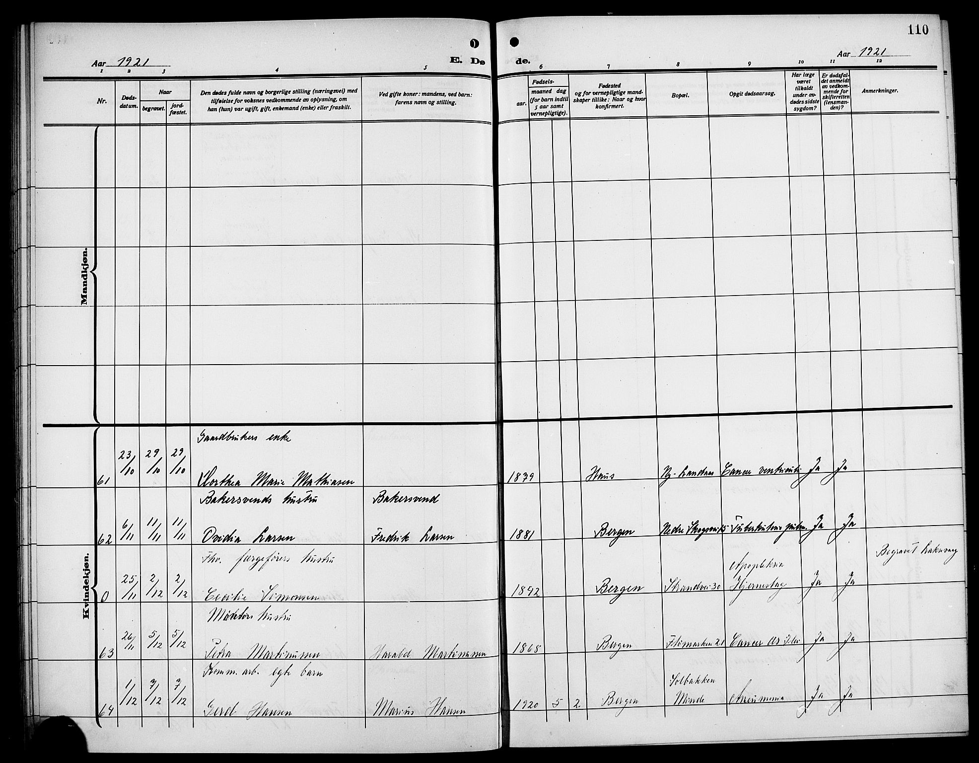 Årstad Sokneprestembete, AV/SAB-A-79301/H/Hab/L0024: Parish register (copy) no. D 1, 1915-1922, p. 110