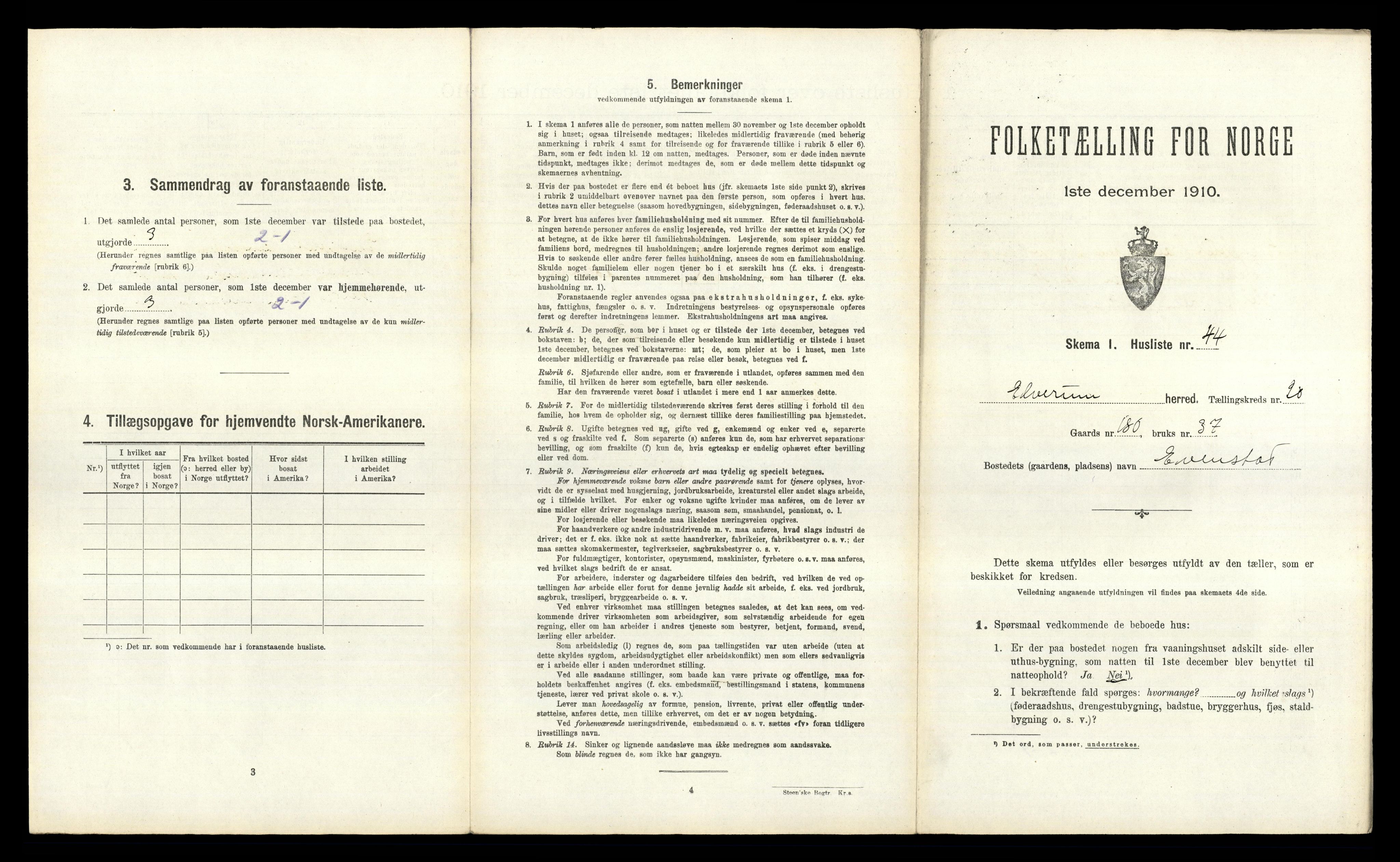 RA, 1910 census for Elverum, 1910, p. 3315