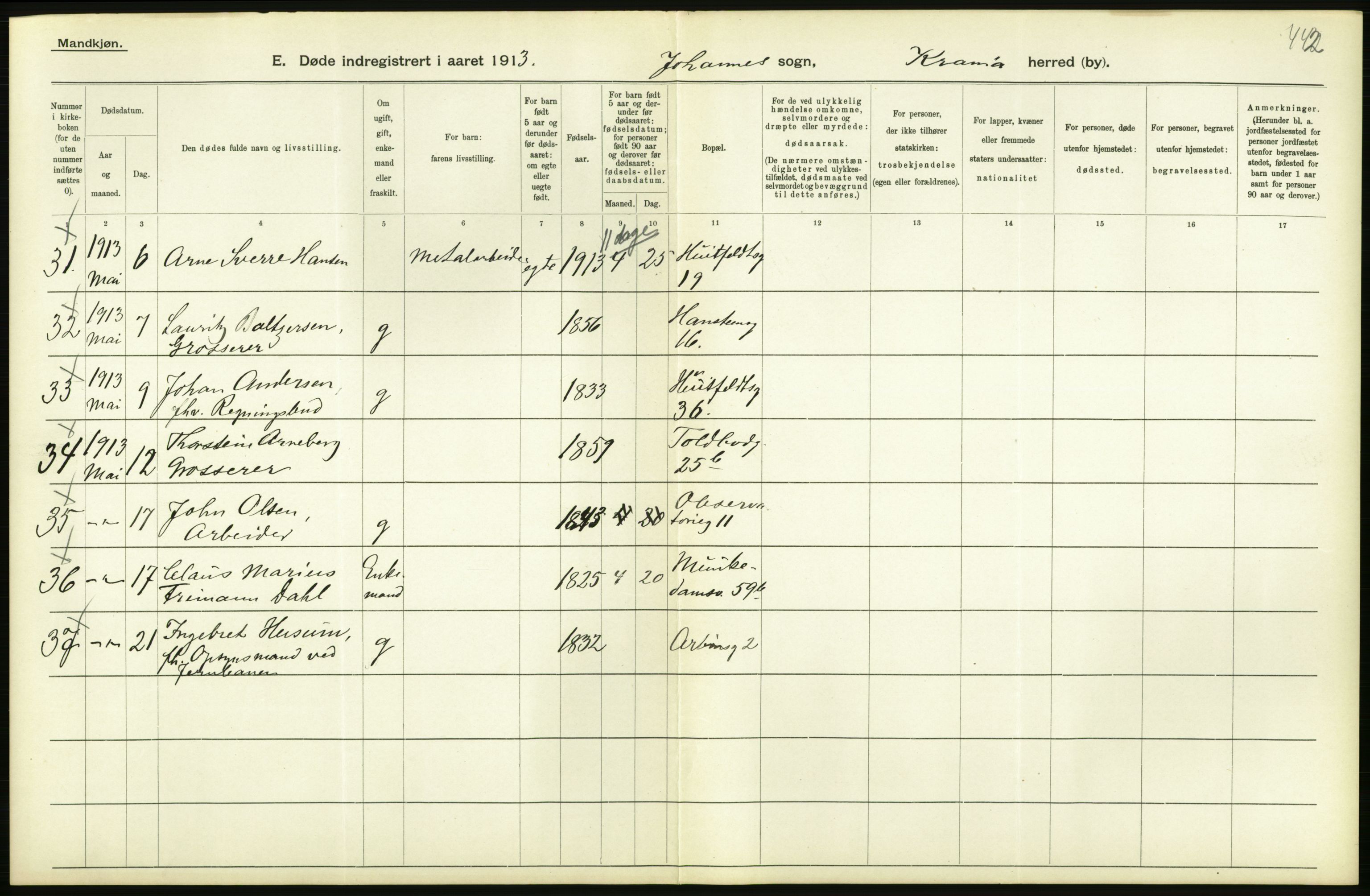 Statistisk sentralbyrå, Sosiodemografiske emner, Befolkning, AV/RA-S-2228/D/Df/Dfb/Dfbc/L0009: Kristiania: Døde., 1913, p. 340