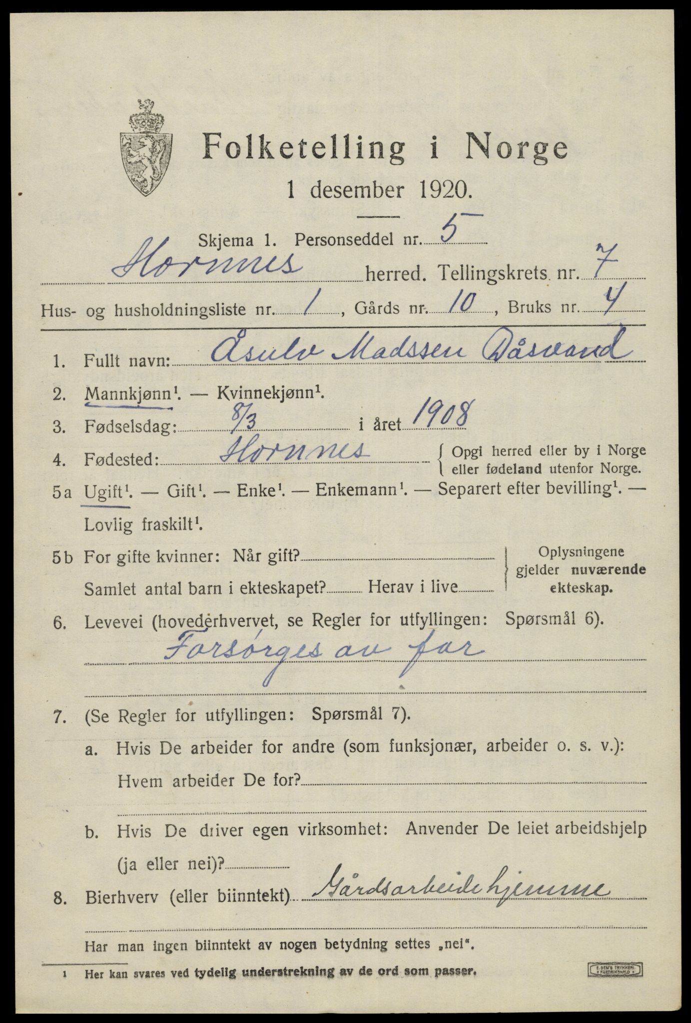 SAK, 1920 census for Hornnes, 1920, p. 1655