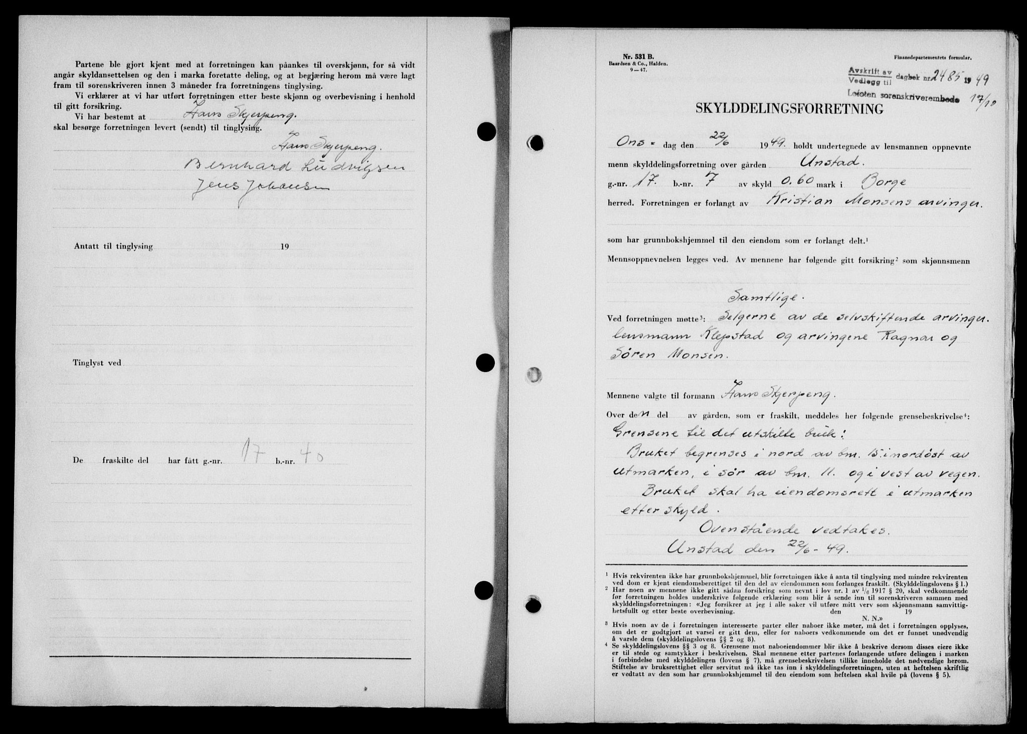 Lofoten sorenskriveri, SAT/A-0017/1/2/2C/L0022a: Mortgage book no. 22a, 1949-1950, Diary no: : 2485/1949