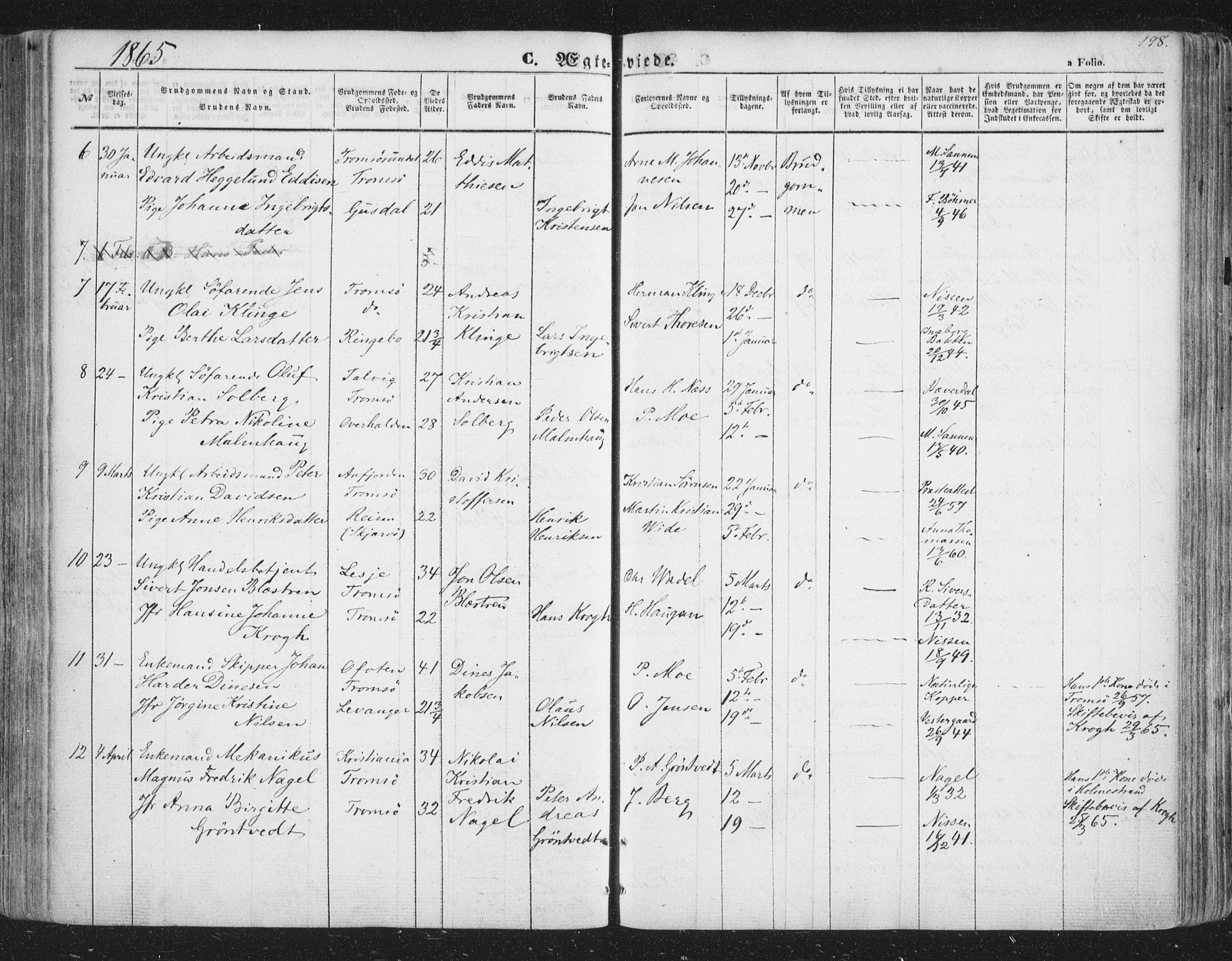 Tromsø sokneprestkontor/stiftsprosti/domprosti, AV/SATØ-S-1343/G/Ga/L0011kirke: Parish register (official) no. 11, 1856-1865, p. 198