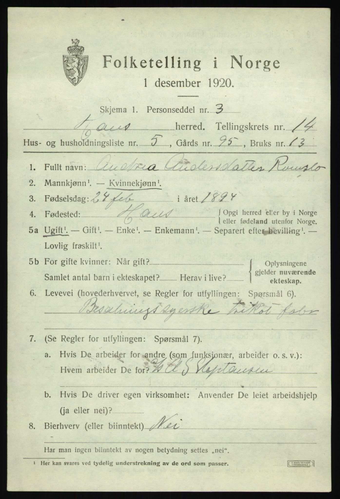 SAB, 1920 census for Haus, 1920, p. 8841