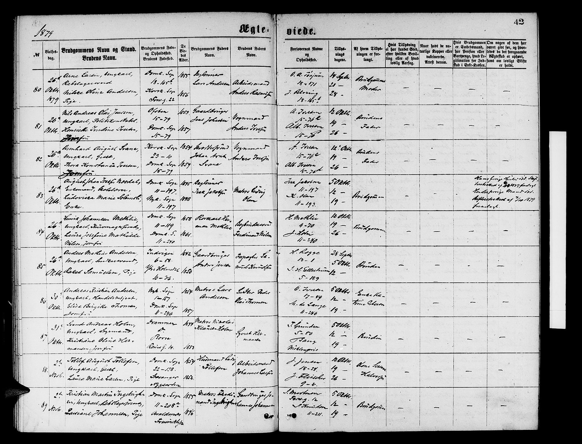 Domkirken sokneprestembete, AV/SAB-A-74801/H/Hab/L0031: Parish register (copy) no. D 3, 1877-1880, p. 42