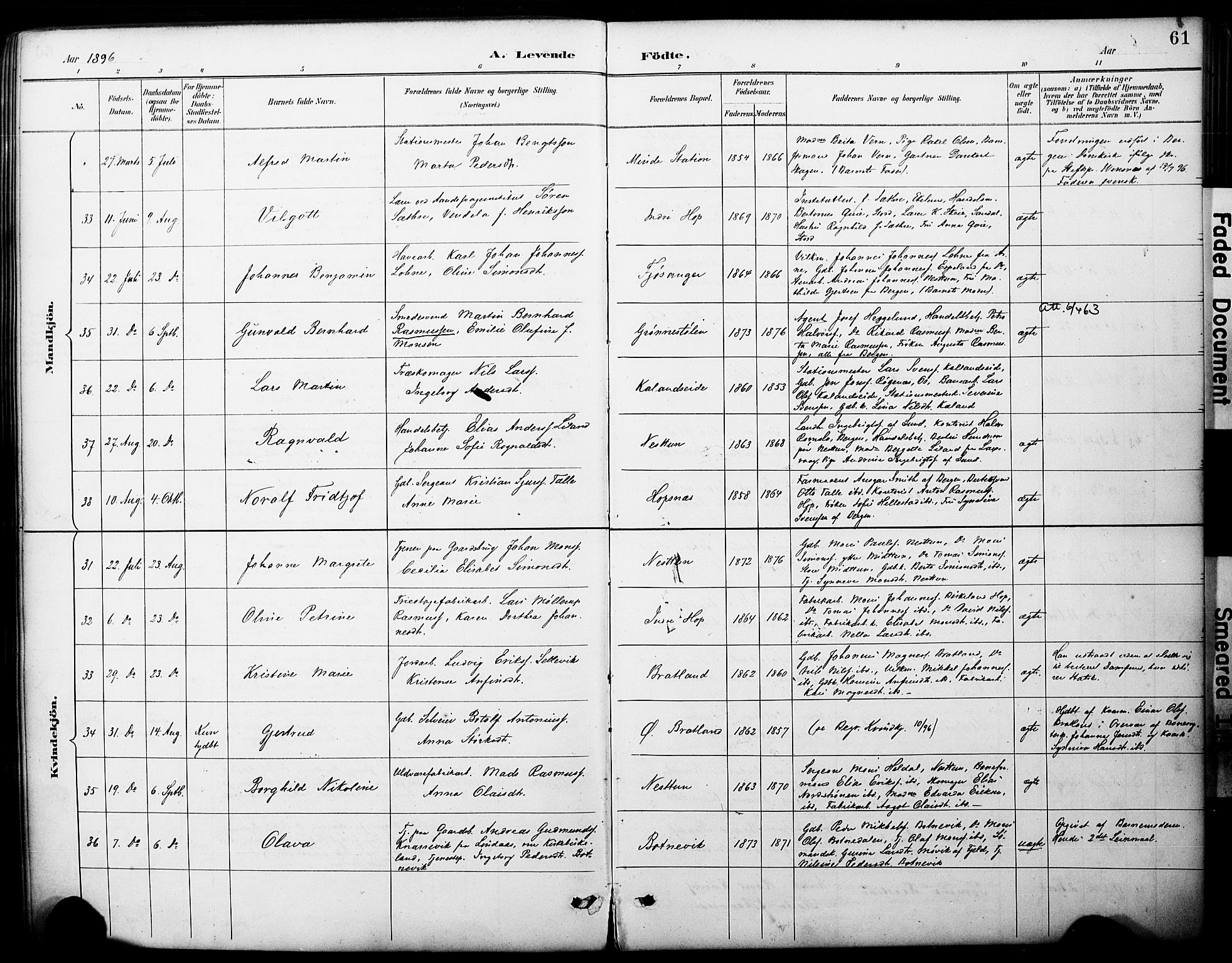 Fana Sokneprestembete, SAB/A-75101/H/Haa/Haai/L0002: Parish register (official) no. I 2, 1888-1899, p. 61