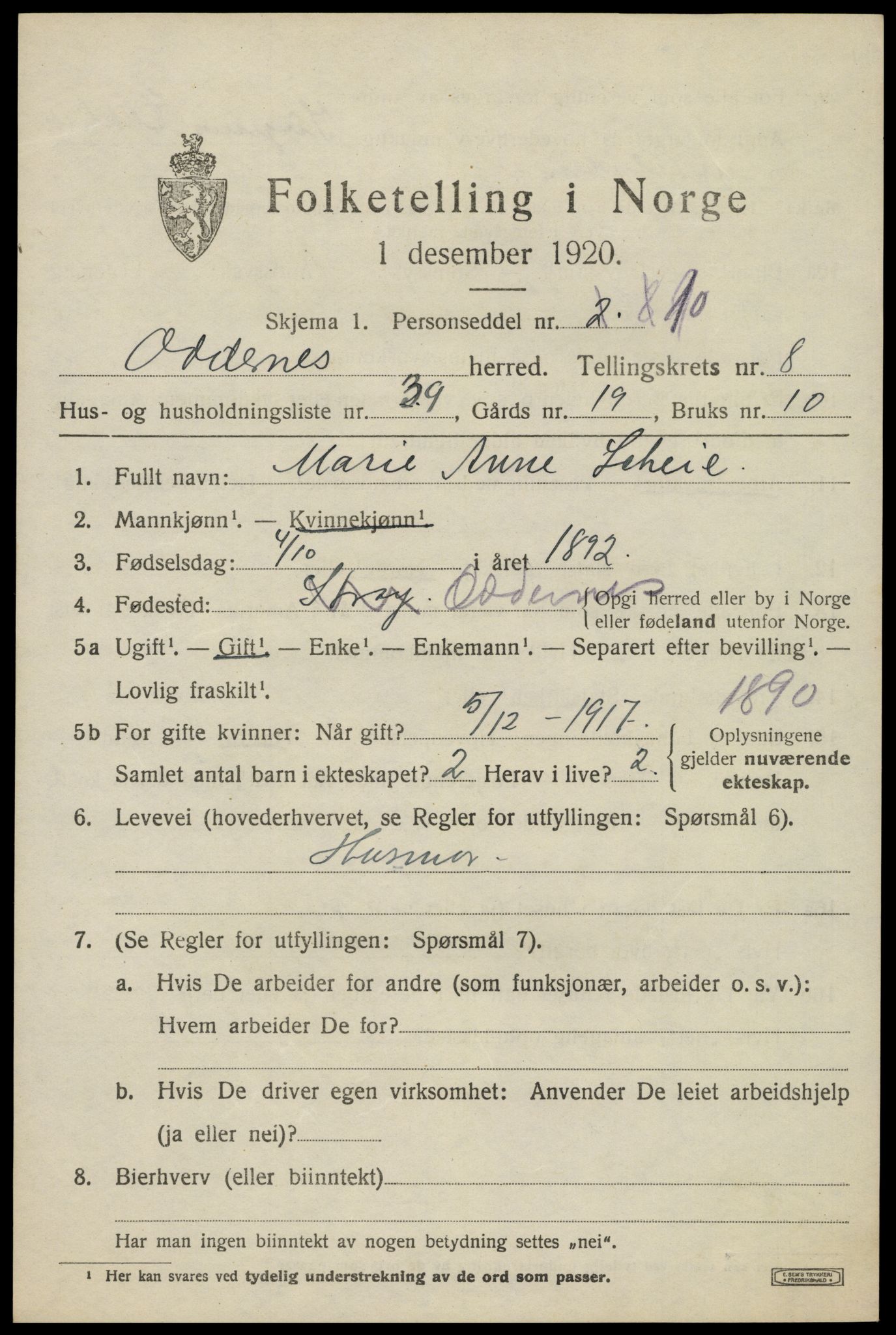 SAK, 1920 census for Oddernes, 1920, p. 6027