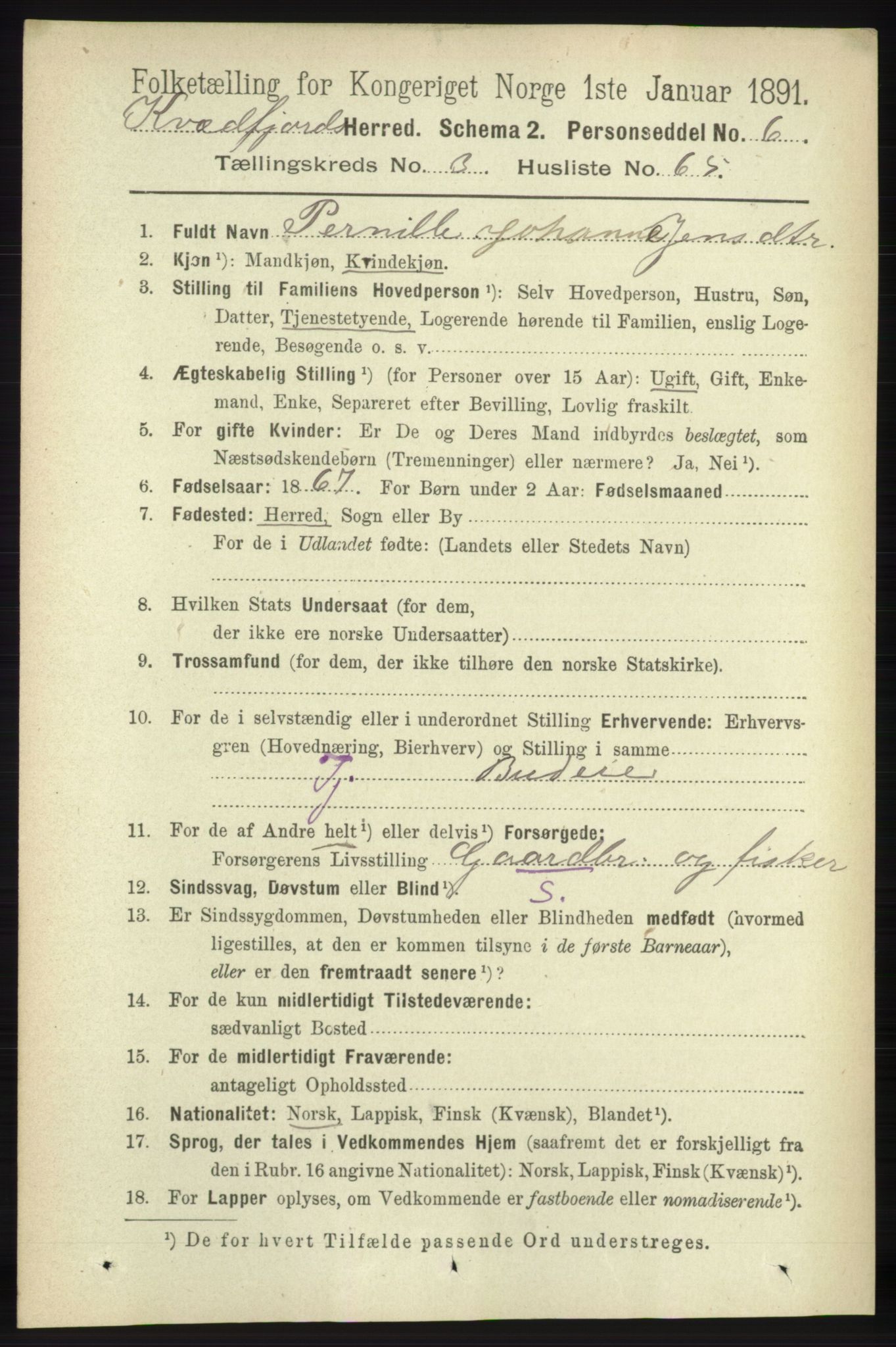 RA, 1891 census for 1911 Kvæfjord, 1891, p. 1659